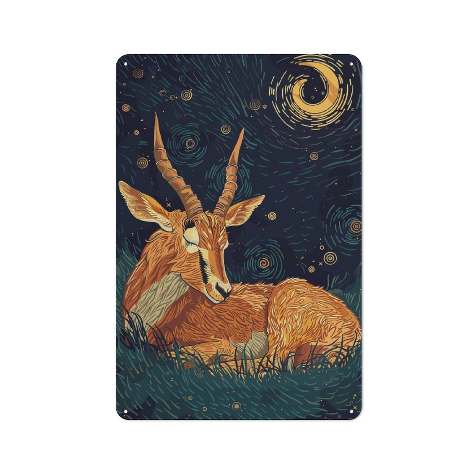 Junmoney Resting Antelope Under Starry Night Metal Wall Plaque 30X20cm, Everyday Small Space Decor For Flat, Dorm Room, Lounge Or Cafe