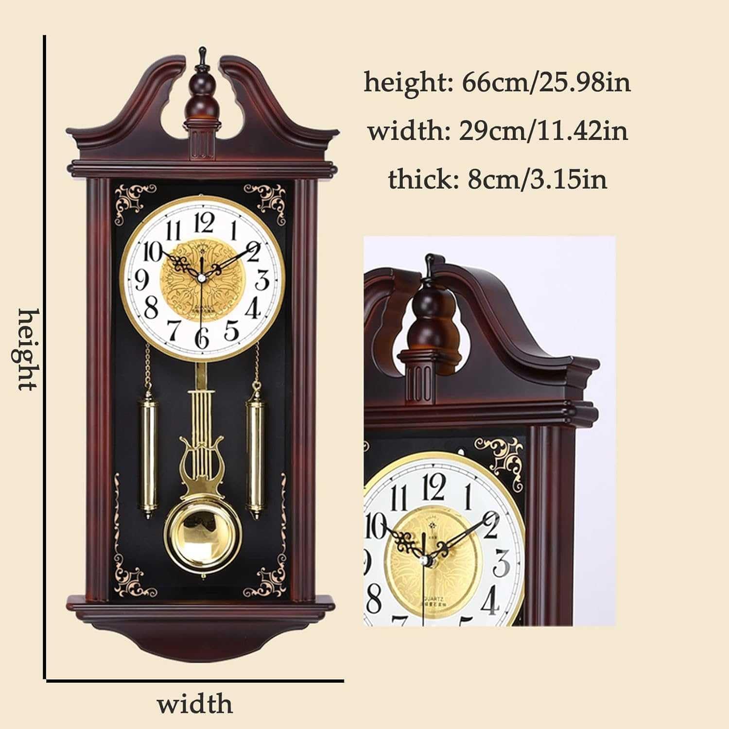 Reloj de madera – Reloj de péndulo tradicional para decoración del hogar – 66 cm diseño elegante y elegante