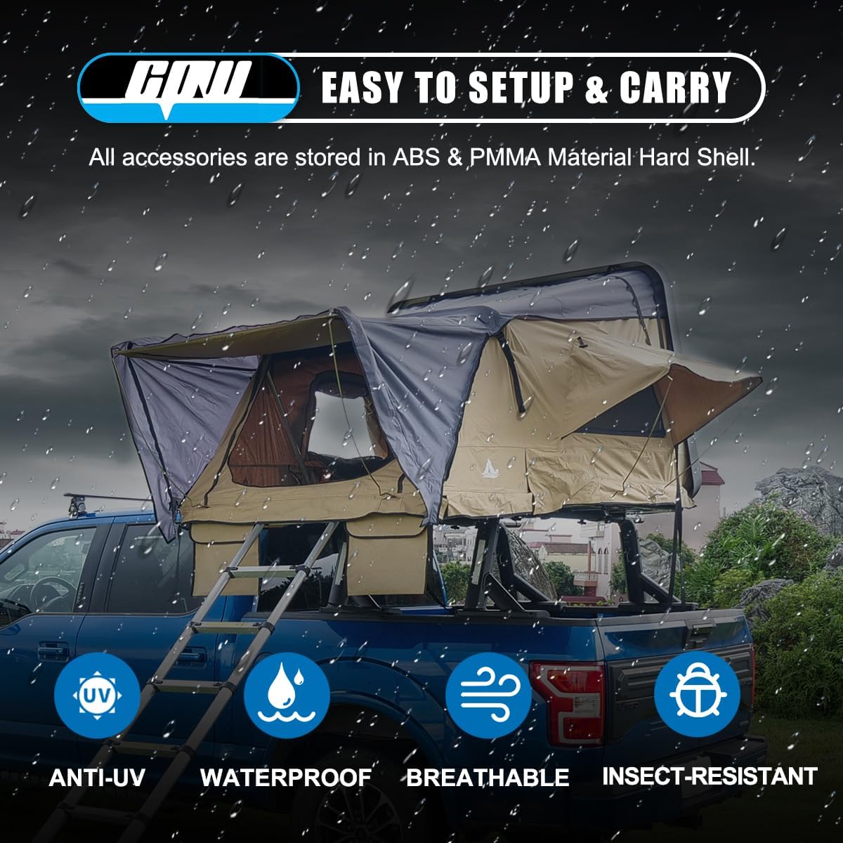 CPW Universal Rooftop Tent Khaki Hard Shell Roof Top Tent Outdoor Camping Waterproof Tent w/Retractable Ladder & Off-Road Tent Sunroof for 2-3 Adults