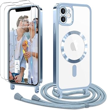 f r iPhone 11 H lle mit Band + 2 Schutzfolie Blau Handyband Transparent Silikon Handyh lle Magnetische Schutzh lle Case zum Umh ngen Kordel