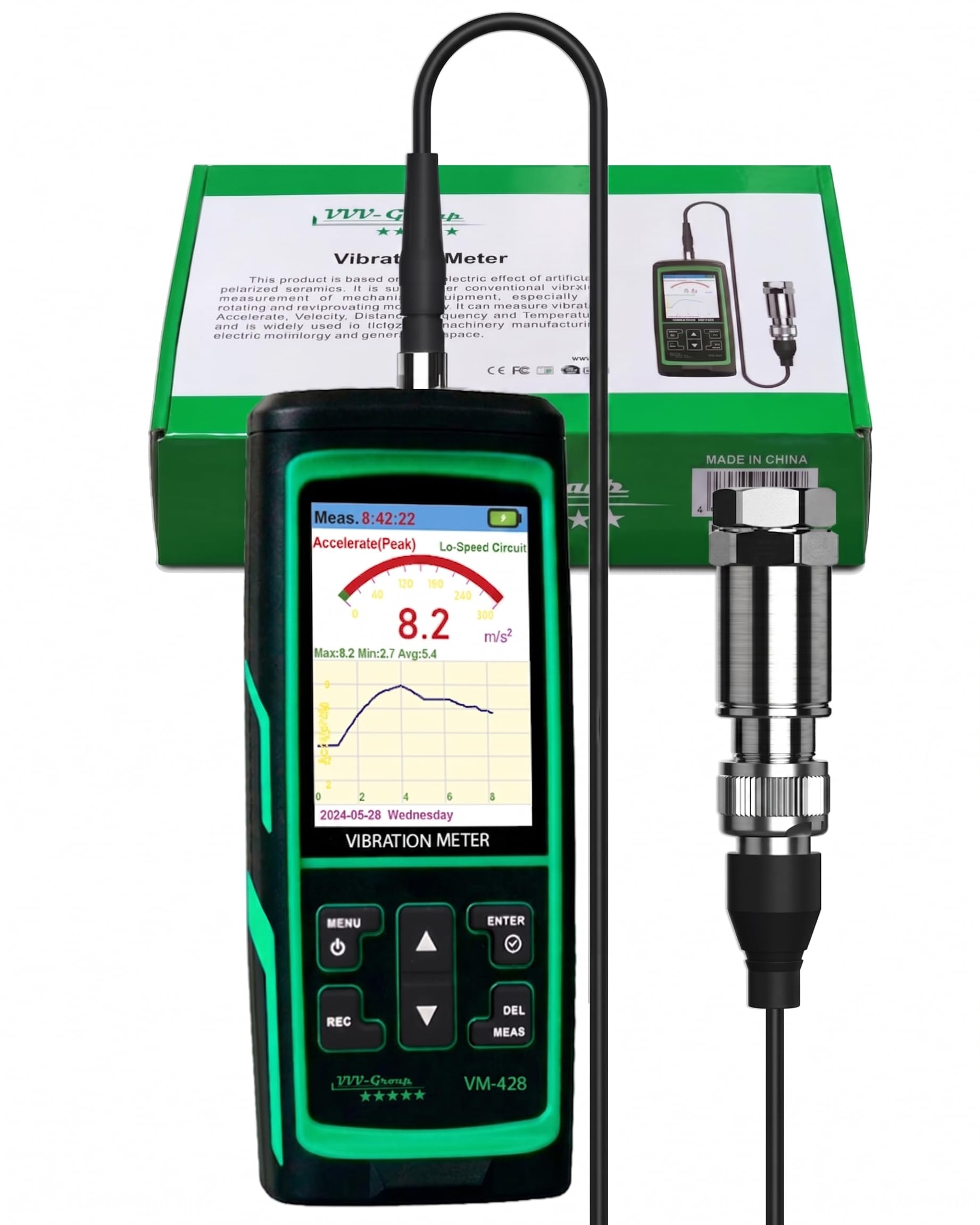 Digital Vibration Meter VM-428 | PC-Connected Analyzer | Measures Acceleration (0.1–300 m/s²), Velocity (1–850 mm/s), Displacement (1–3300 μm), Frequency (30Hz–14kHz) | for Industrial Equipment-image-2