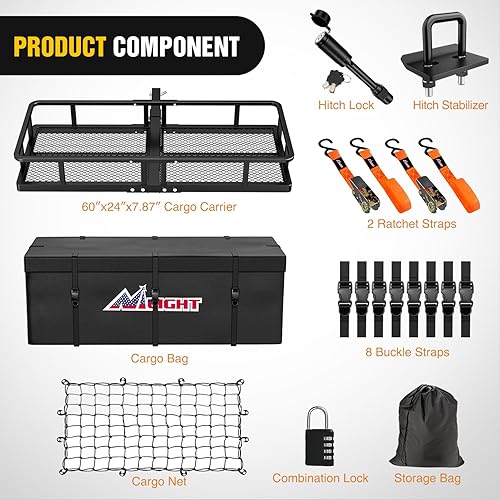 Miniatura 2 de Nilight Transportador de carga plegable de 60 x 24 x 7.87 pulgadas, compatible con receptor de enganche de 2 pulgadas, capacidad de 500 libras,