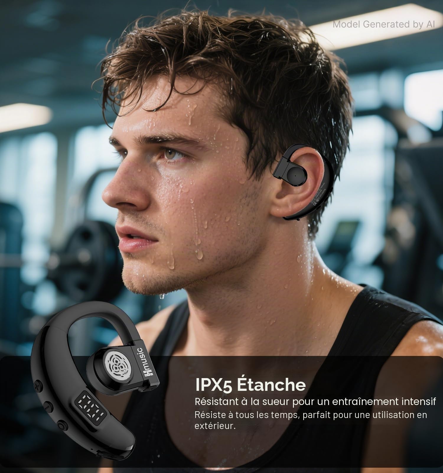 Hmusic Oreillette Bluetooth sans Fil V5.4, IPX5 Étanche, Kit Mains Libres avec 2 Micro Anti-Bruit, 20H d'Autonomie, 18g Ultra-léger, Affichage Numérique LED, pour Conduite, Bureau, Affaires