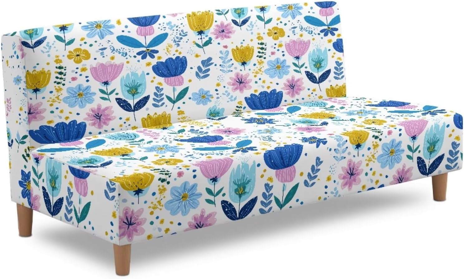 Armless Futon Sofa Cover Stretchable Futon Slipcovers Stretch Armless Sofa Couch Slipcover Furniture Protector for for Living Room Bedroom Decorations, Blue Flower