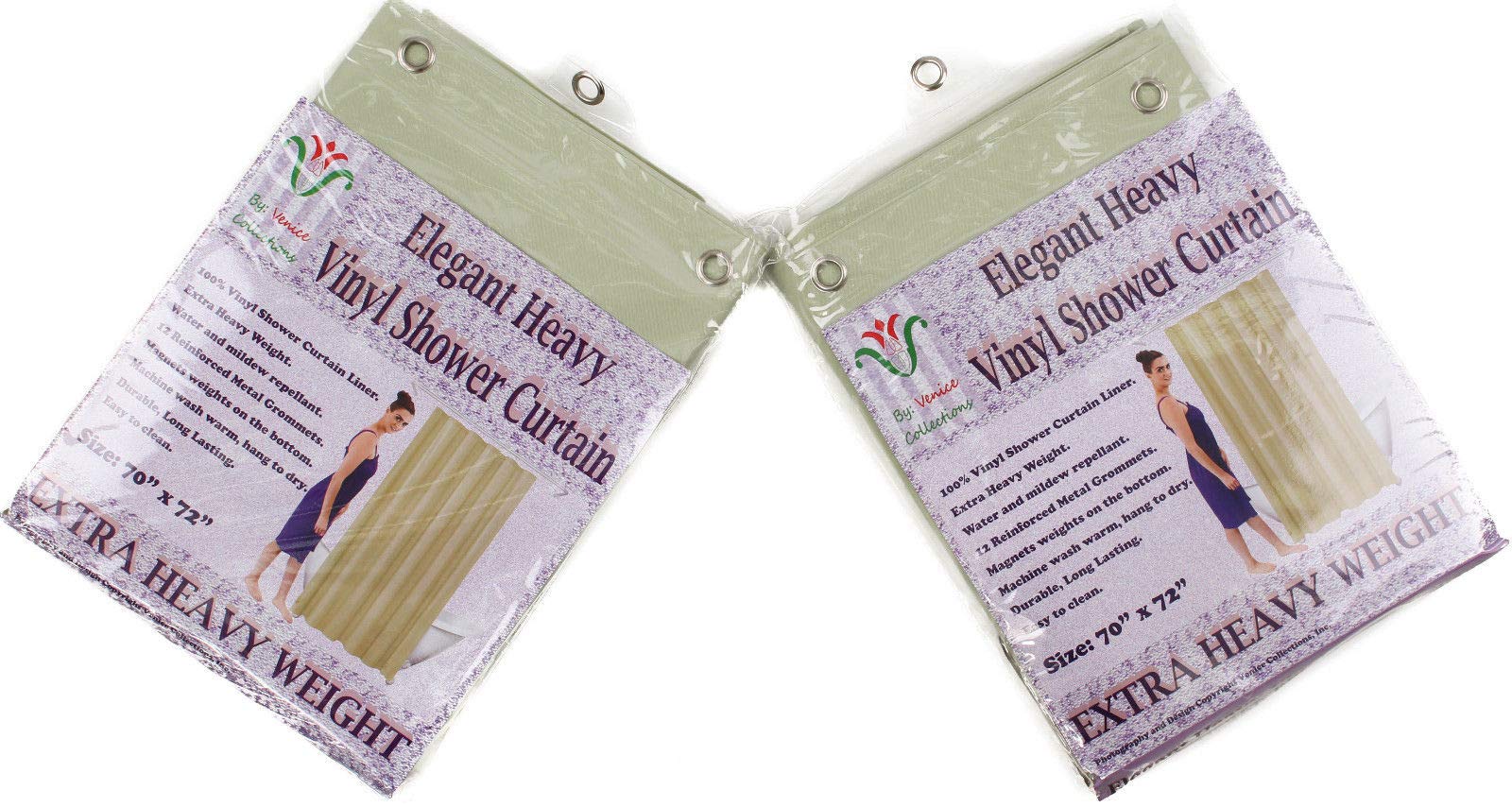 Venice Collections 2-Pack Heavy Duty 100% Water Repellent, 10 Mil, Durable Shower Curtain Liner with Reinforced Header, Rustproof Grommets, & Weighted Magnetic Hem Willow