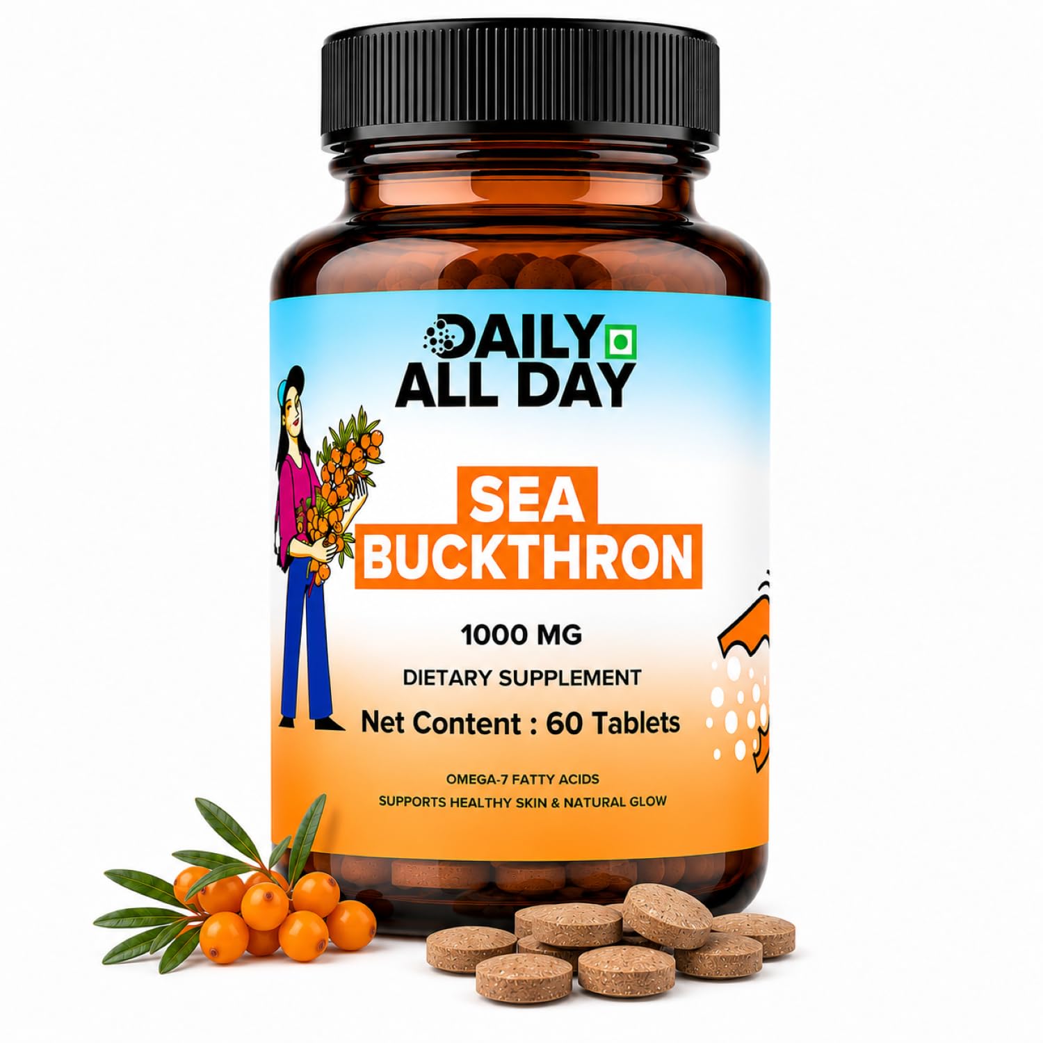 Sea Buckthorn Tablets Berry for Daily Wellness & Nutrition | 500 mg | 60 Vegetarian Tabs | Omega-3,6,7,9 & Antioxidants for Skin Glow & Collagen Boost Natural Source Ayurvedic Supplement-image-21