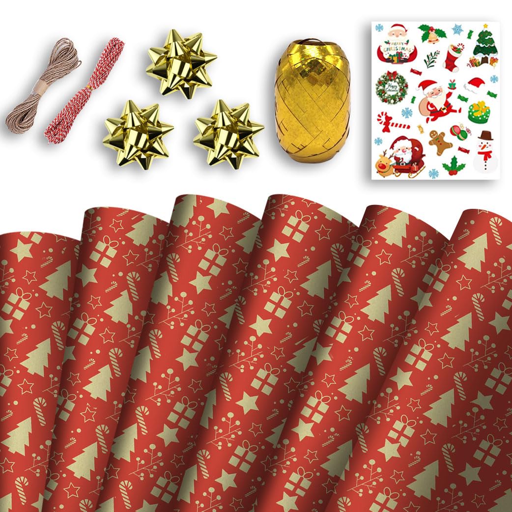 Christmas Wrapping Mega Kit: 10 Sheets Classic Kraft Festive Traditional Pattern Present Gift Wrap Roll | 70cm x 50cm Wrap Paper Design | Complete Xmas Package Set | String, Stickers, Bows, Ribbons