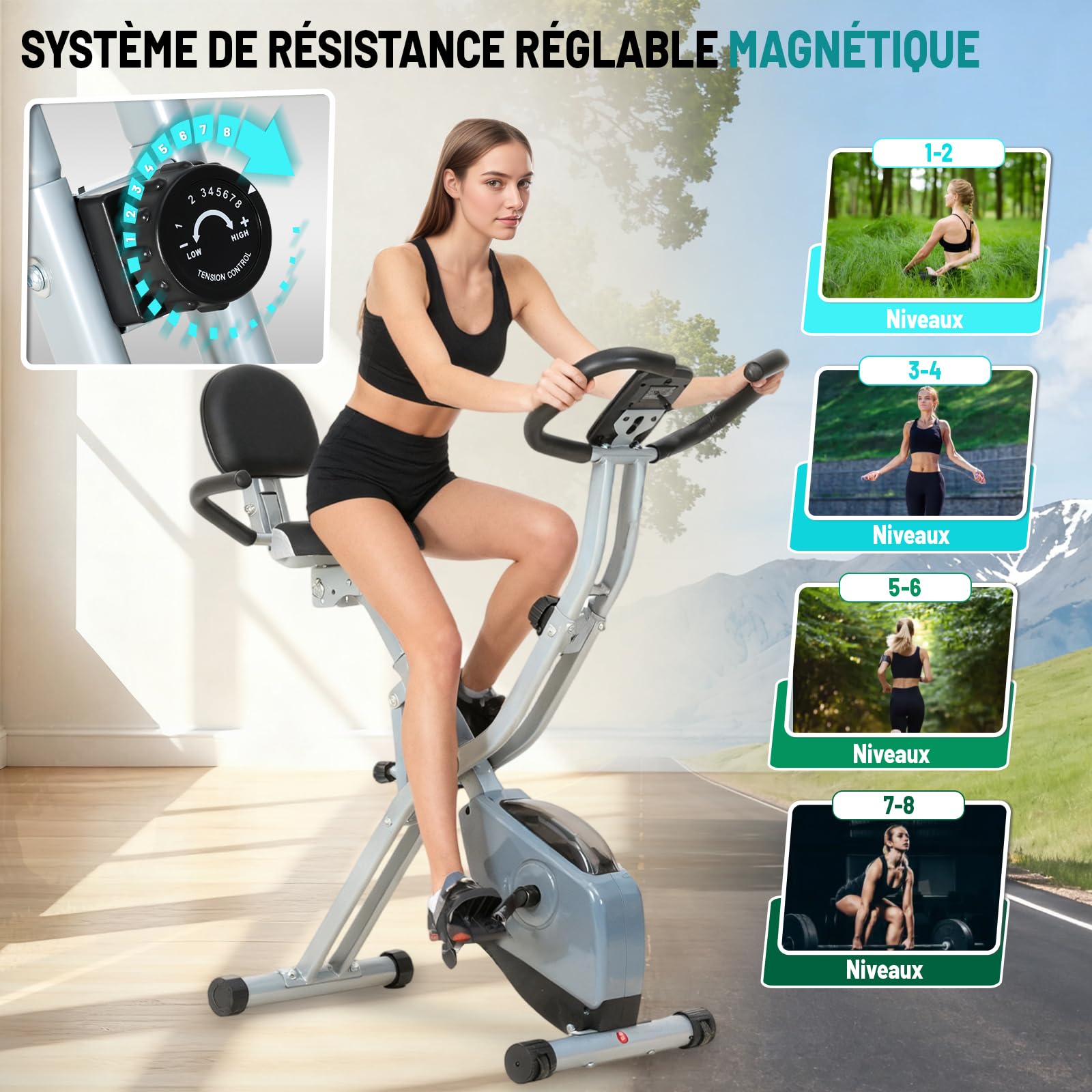 ISE 2-IN-1 Vélo d'Appartement Pliable, Cardio Training 8 Niveaux Résistance Magnétique, Bluetooth