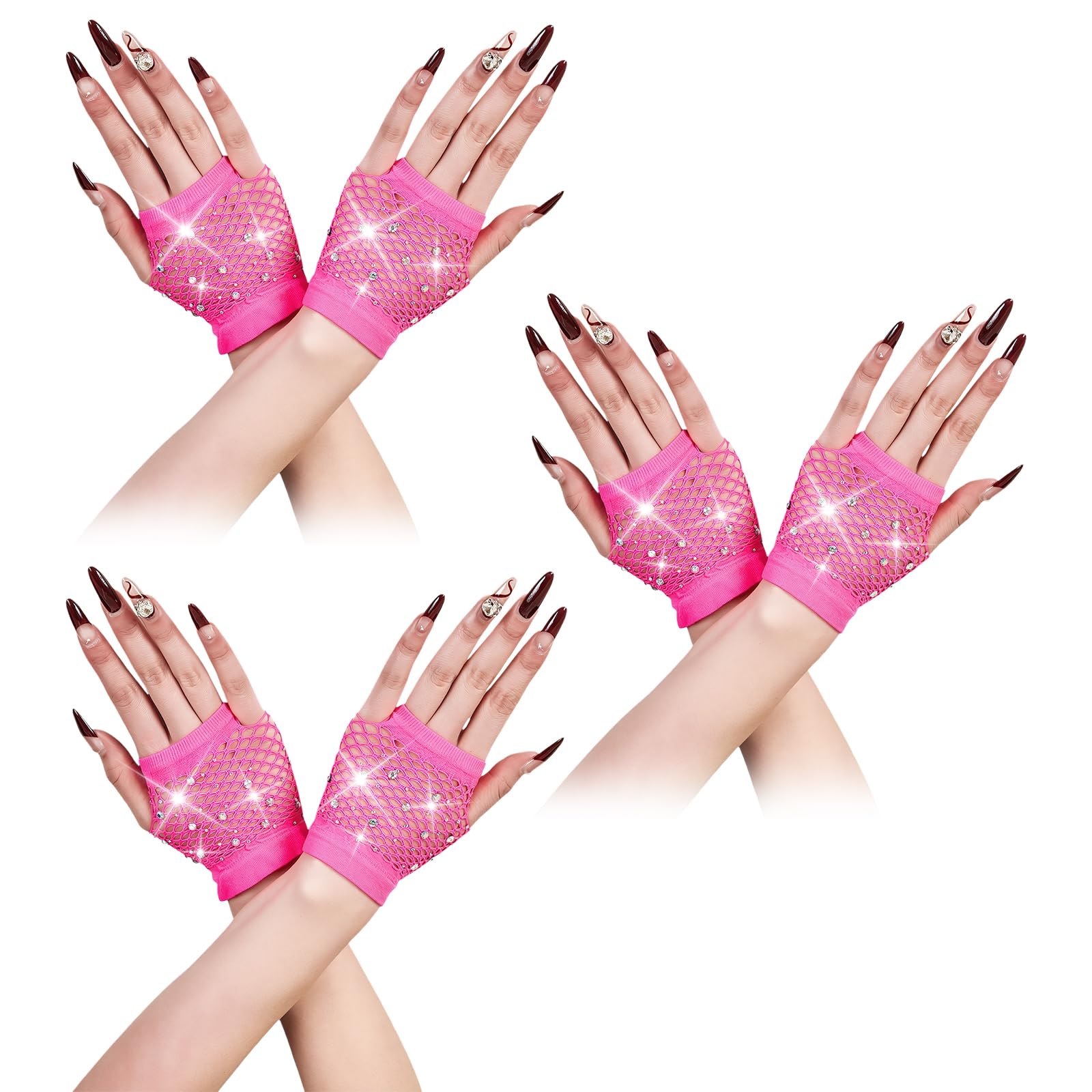 FUSDNW 3Pair Rhinestones Fishnet Gloves,Rhinestone Fishnet Gloves Fingerless for Women,Pink Gloves for Party Cosplay, Sleeves Bridal Glove for Wedding Halloween