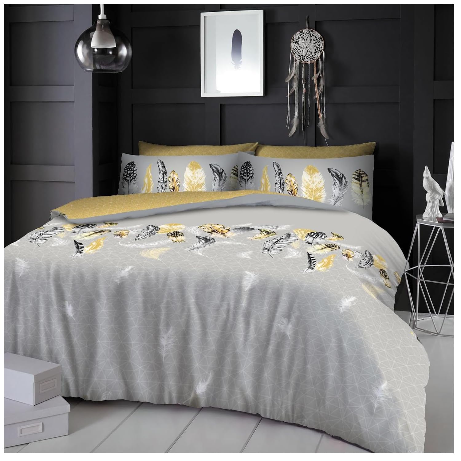 Gc Gaveno Cavailia Yellow Luxurious Feather Super Kingsize Duvet Cover Sets, Easycare Geometric Bedding Set, Reversible Diamond Quilt Sets,