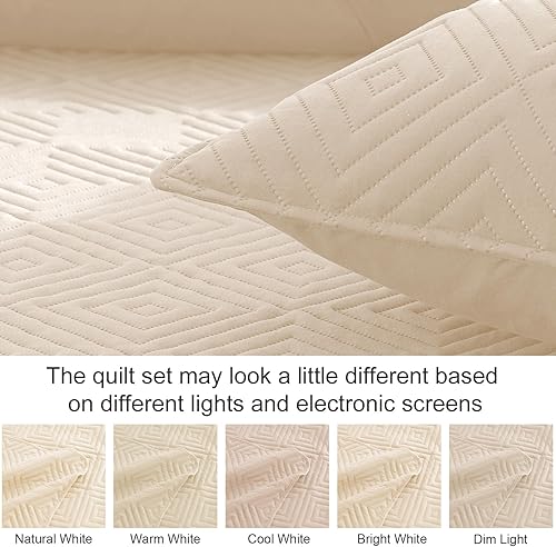 Miniatura 6 de Exclusivo Mezcla Juego de edredón tamaño King, colcha de hueso beige suave para todas las estaciones, juego de ropa de cama ligero y moderno con