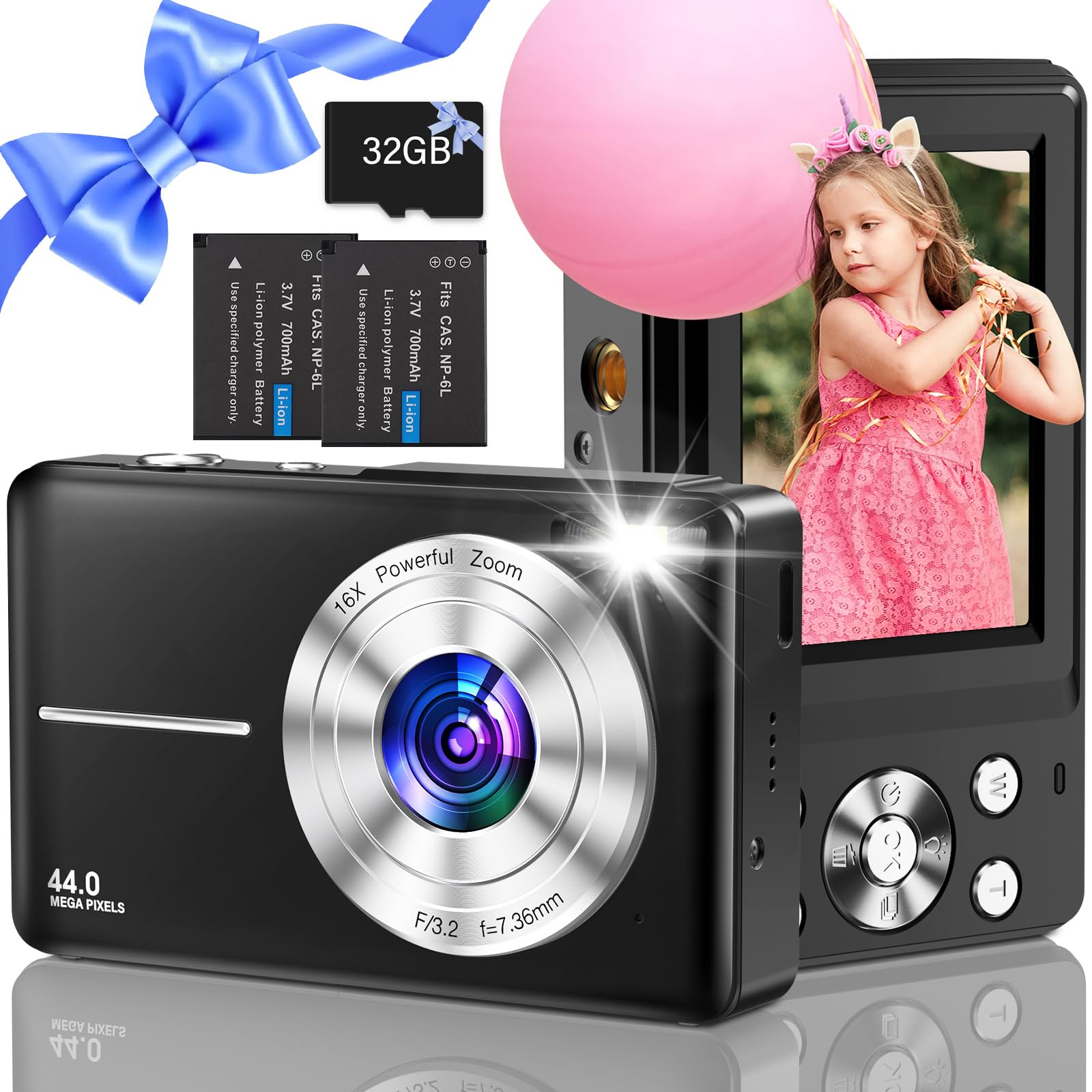 Cámara Digital con Tarjeta de 32 GB, 1080P 44 MP Cámara Digital con Zoom Digital 16X, Flash y 2 baterías, cámara Digital compacta para niños, Adultos y Principiantes (Verde)
