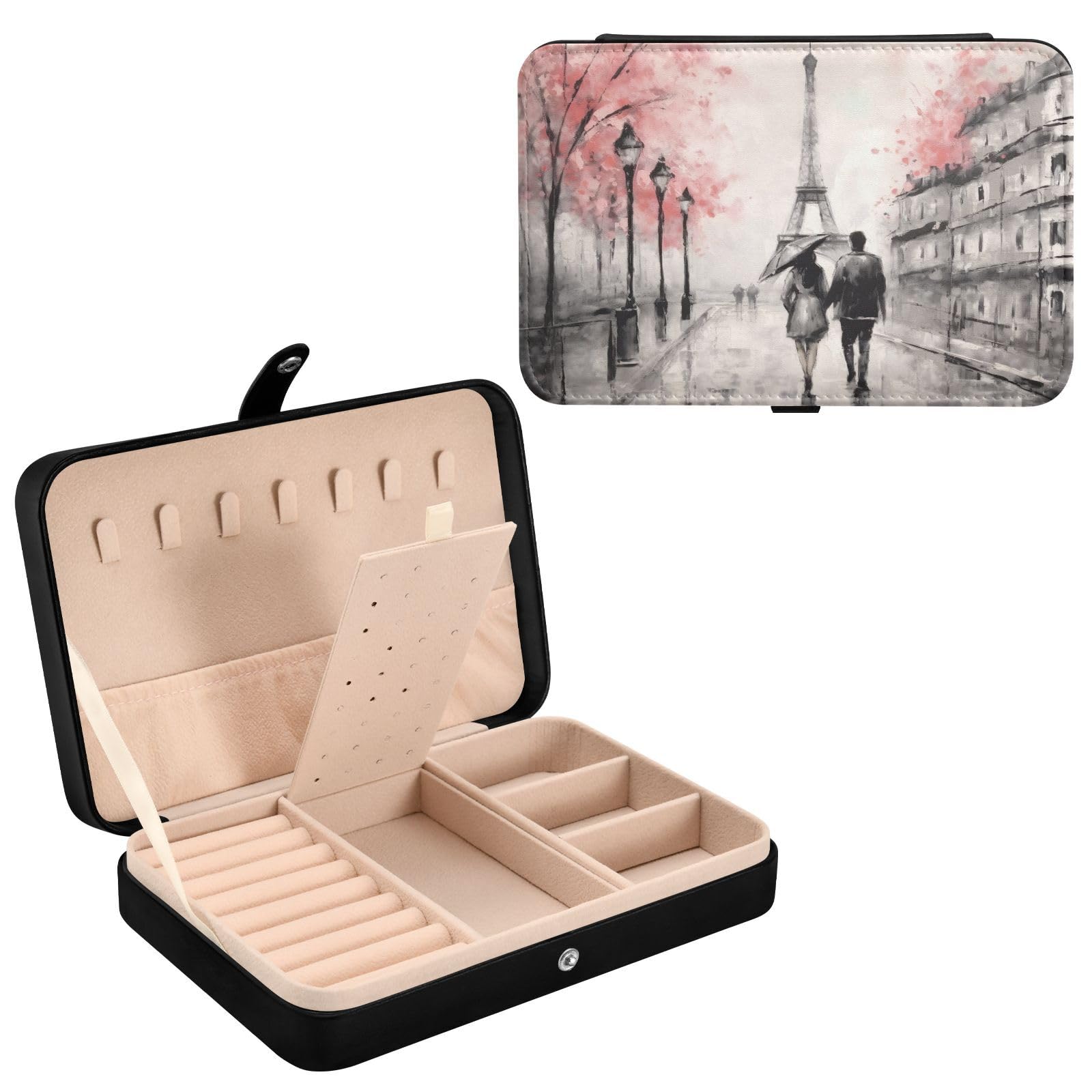 Haskirky Walking in Eiffel Tower Jewelry Box Portable PU Leather Travel Jewelry Organize for Women Jewelry Storage Display Holder for Ring, Necklace, Earring