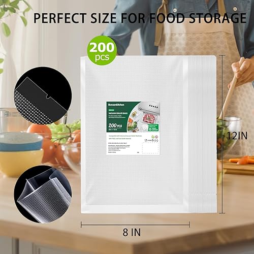 Miniatura 5 de Bonsenkitchen Bolsas selladoras al vacío, 200 unidades de 8 pulgadas de ancho x 12 pulgadas de alto, sin BPA, grado comercial, bolsas gruesas en