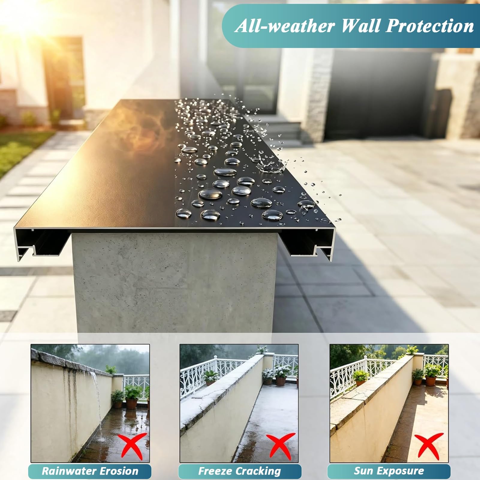 Tapas de Aluminio de Remate de Muro de Parapeto para Patio Villa Terraza | Placa de Cubierta Superior para Renovación de Muros de Ladrillo, Hormigón y Piedra con Goterón(L 78.7",W 7 3/8")