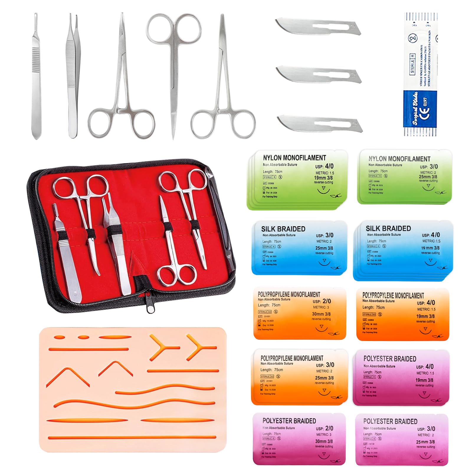 Suture Practice Complete Kit for Medical Students (30 Pieces) Include Reusable Upgraded Suture Pad,Supplies for Vet Nursing Students Surgical Stitches Kits for Training(Education Use Only)