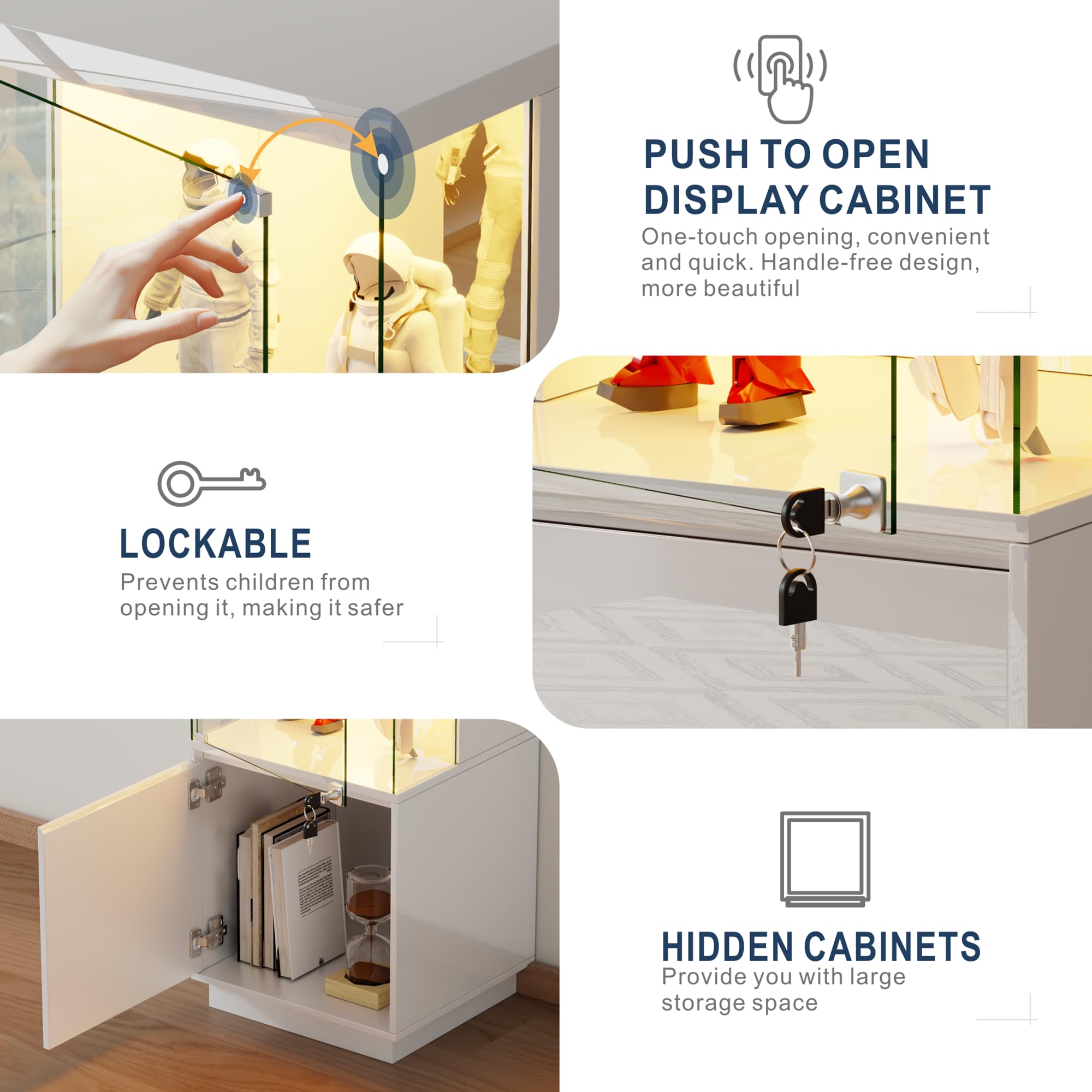 Gurexl Vitrine mit LED-Beleuchtung und Cabinet,Glasvitrine mit Körpersensor-System und Abschließbare Glastüren,Hochglanzfront Eckvitrine W400xD380xH1650mm,für Wohnzimmer, Büro, Bücher,Weiß