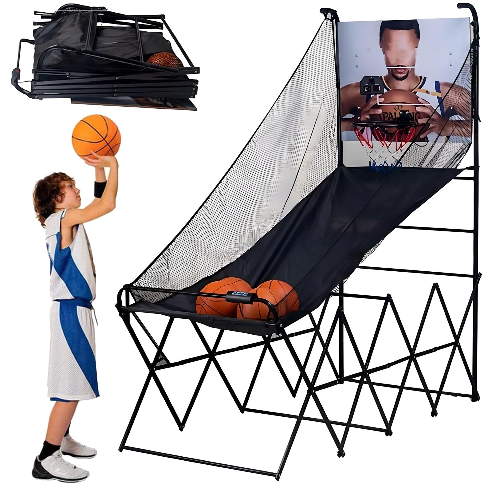 Gioco Arcade Basket Pieghevole, Macchina per tiro a Basket Portatile con 8 modalità di Gioco, 4 Palle e tabellone LCD, per l'allenamento di Lancio per Bambini e Adulti