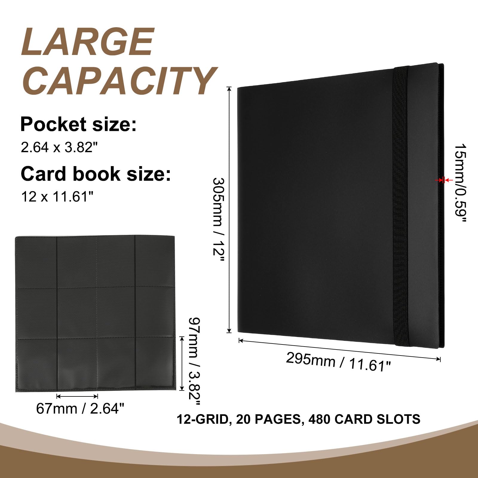 QUARKZMAN 12 Tasche Raccoglitore Carte Da Gioco, Copertina PU Album Carte Da Collezione 480 Tasche Caricamento Laterale Raccoglitore Cartella Per TCG, Da Gioco, Sportive(Nero)