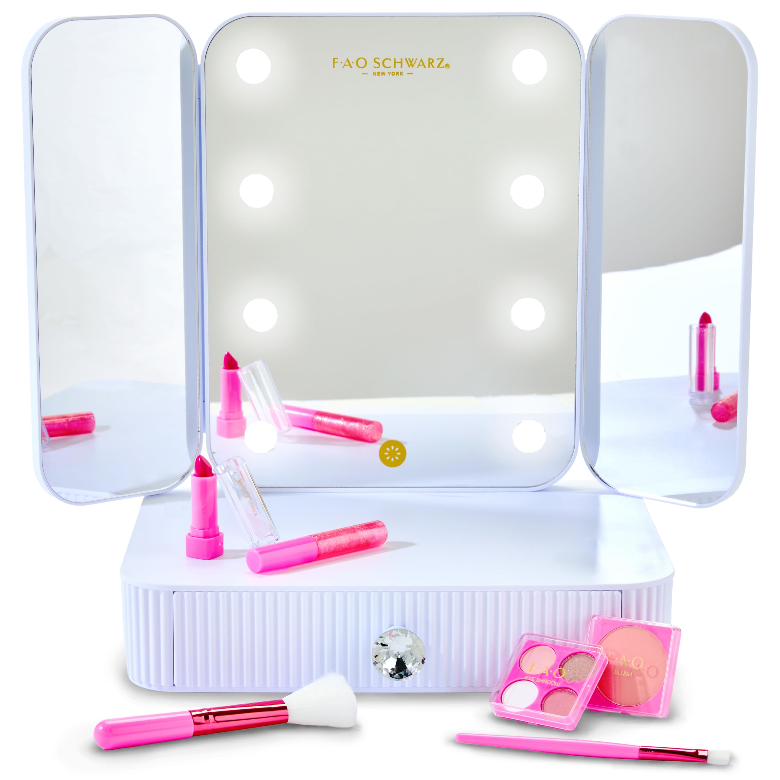 FAO Schwarz 8-Piece Makeup Vanity Studio with Light-Up Tri-Panel Mirror