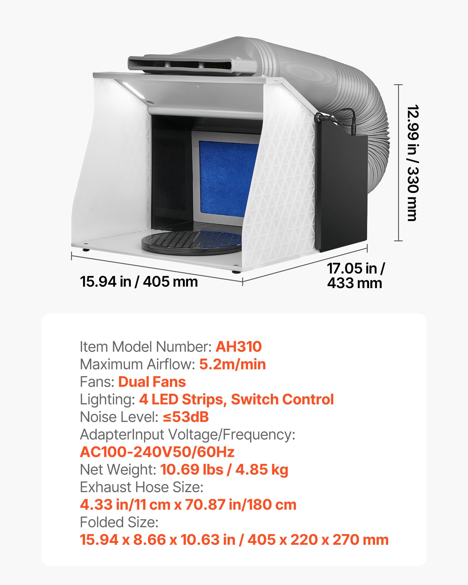 VEVOR Cabina de Pintura con Aerógrafo 405x330x355 mm Cabina de Pintura Portátil 5,2 m³/min Cabina de Succión de Doble Ventilador con Iluminación LED Placa Giratoria para Modelado de Bricolaje