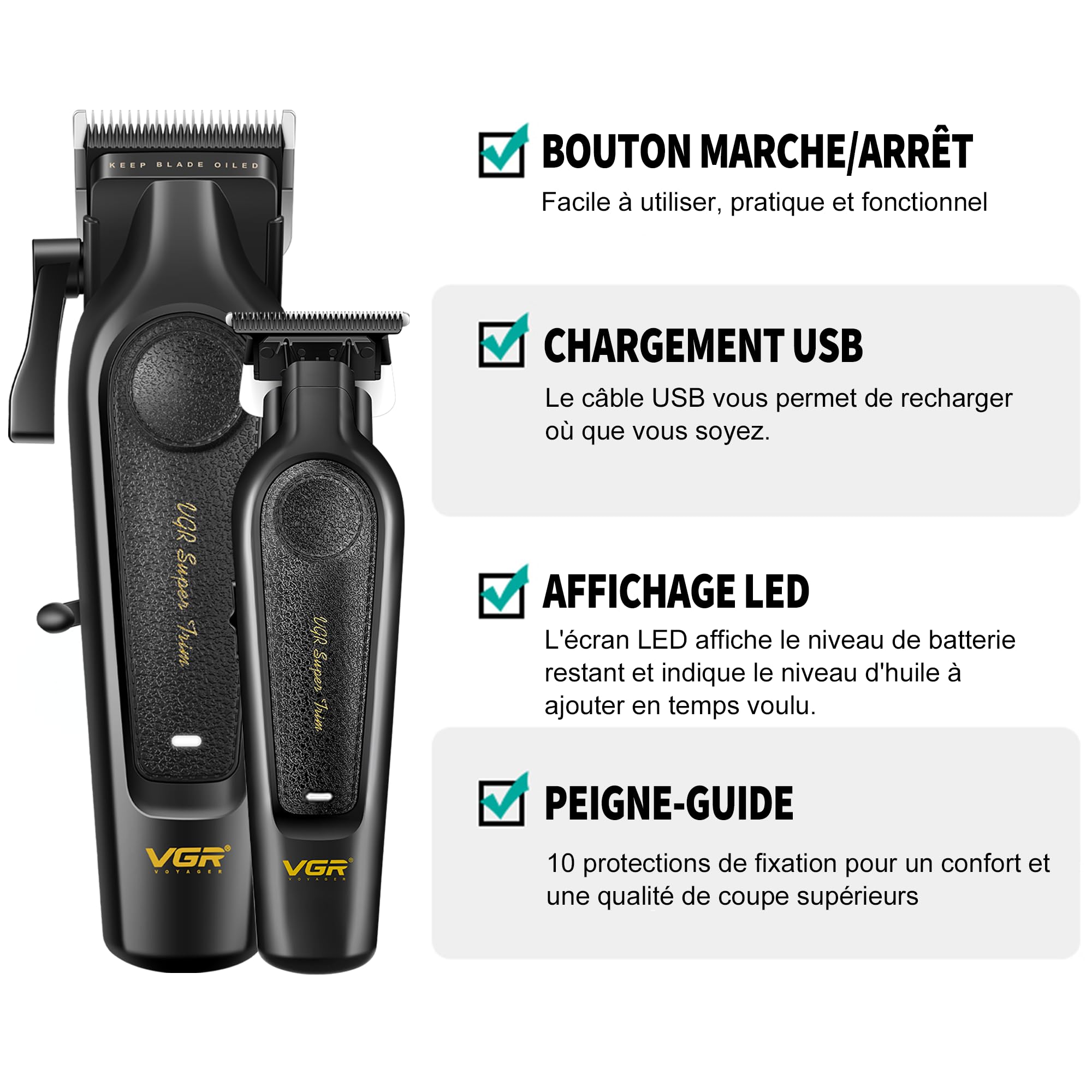 VGR 197 & 995 Tondeuse Cheveux Hommes Professionnel Sans Fil, Voyant LED | Tondeuse Cheveux et Barbe Homme Set avec Lames en Céramique, Barber Kit avec 10 Peignes de Guidage et Peigne
