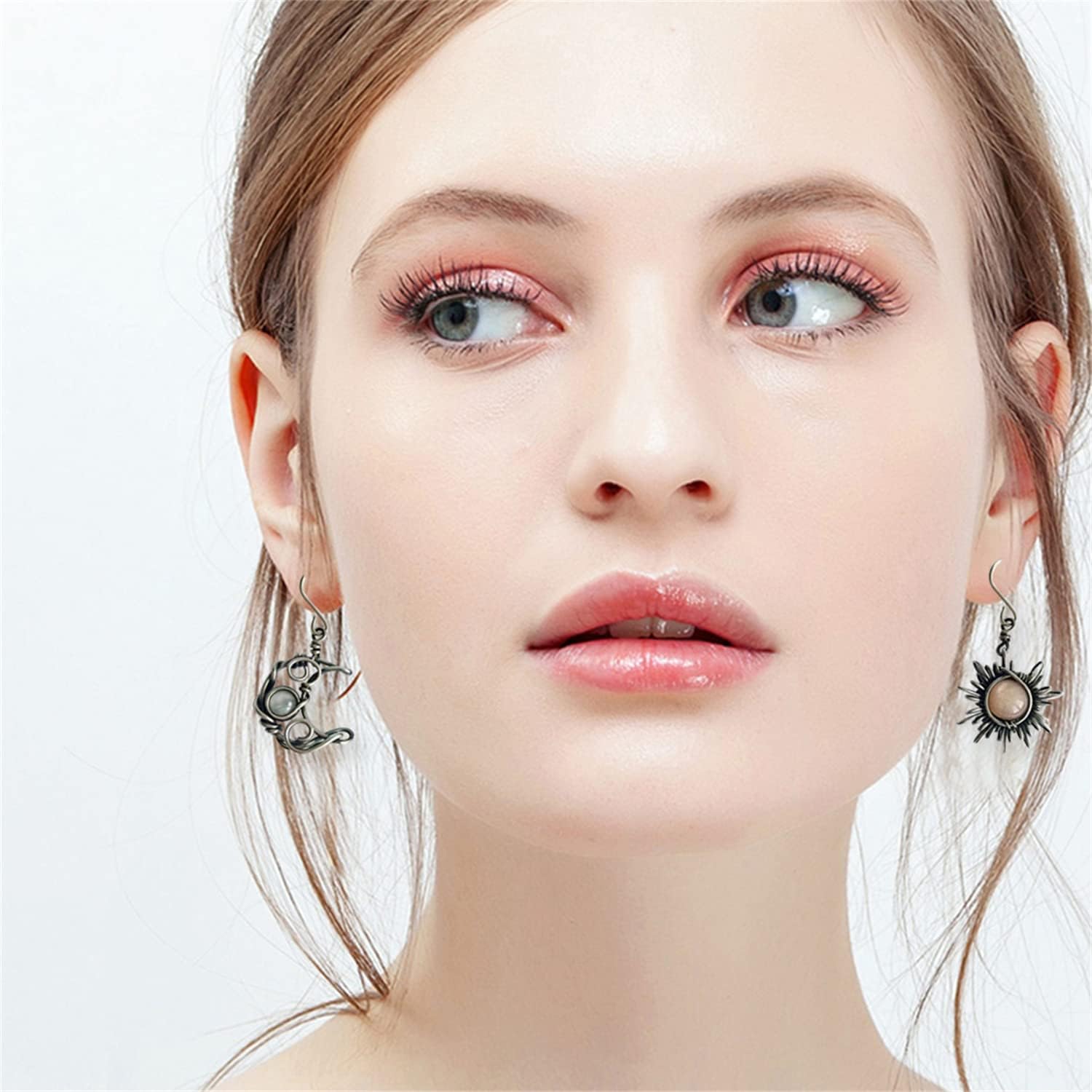 Unique Boho Vintage Asymmetry Opal Sun and Moon Drop Dangle Earrings Moonstone Natural Stone Hook Bohemian for Women Asymmetrical Antiqued Silver Celestial Jewelry - Image 4
