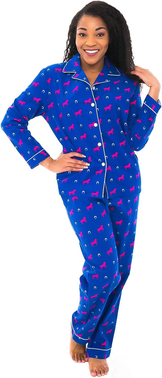 Alexander Del Rossa Women's Warm Flannel Pajama Set, Long Button Down Cotton Pjs, Large Pink Horses on Blue with Horseshoes (A0509Q72LG)