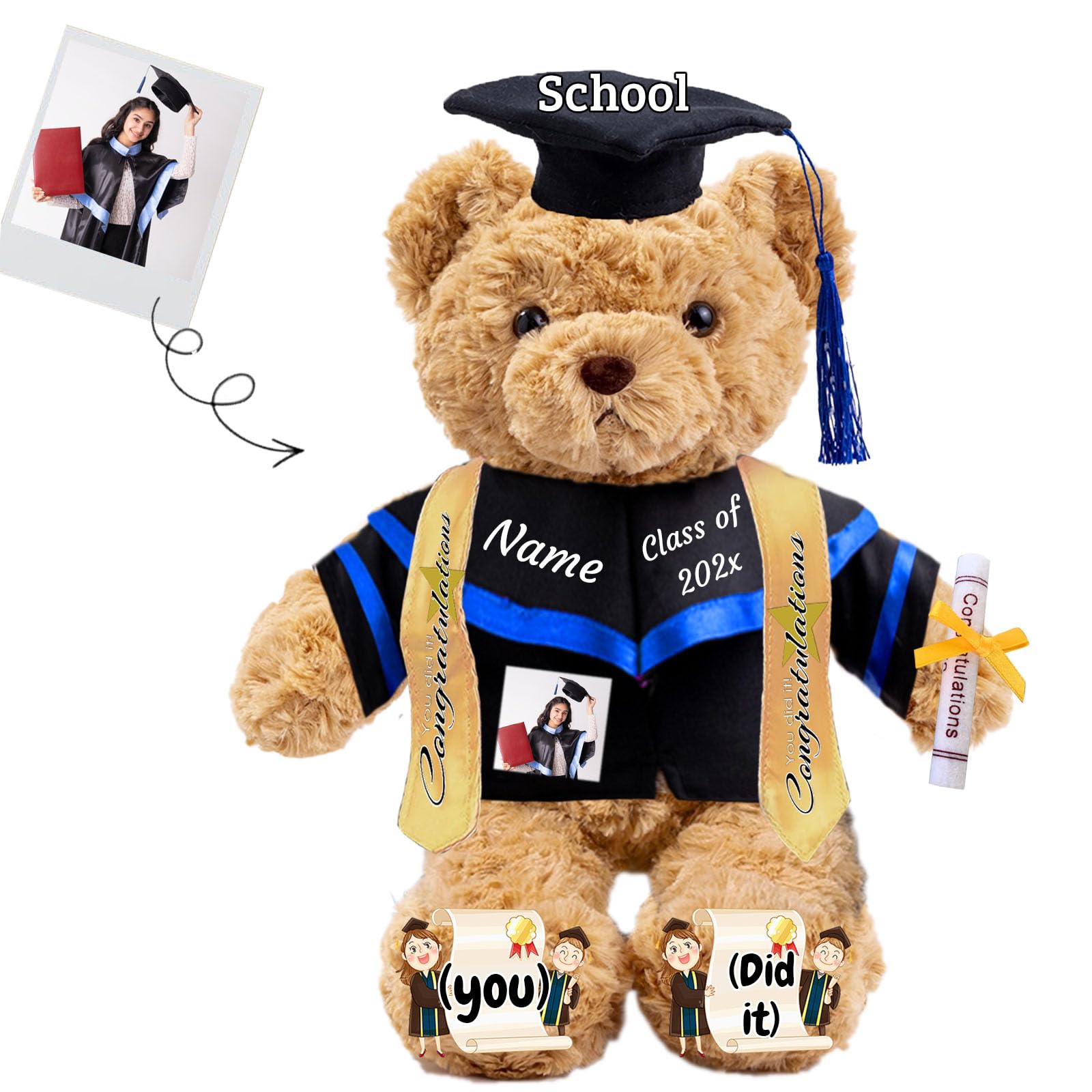 JABECODIFA Graduation Gifts 2026 Teddy Bear with Text+Photo, Personalised Bear Plush Toys as Graduation Gift for Her Him as High School College Kindergarten Grad Day (11 IN-Text+Photo)