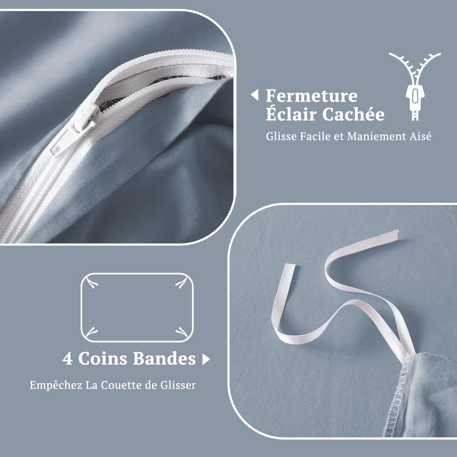 SOULFUL Housse de Couette 220x240 Satin de Coton avec 2 Taies d'oreiller 65x65 cm - Soyeux et Respirant - 100% Coton à Longues Fibres - Bleu Acier Parure de Lit 220x240 Coton avec Fermeture Éclair - 5