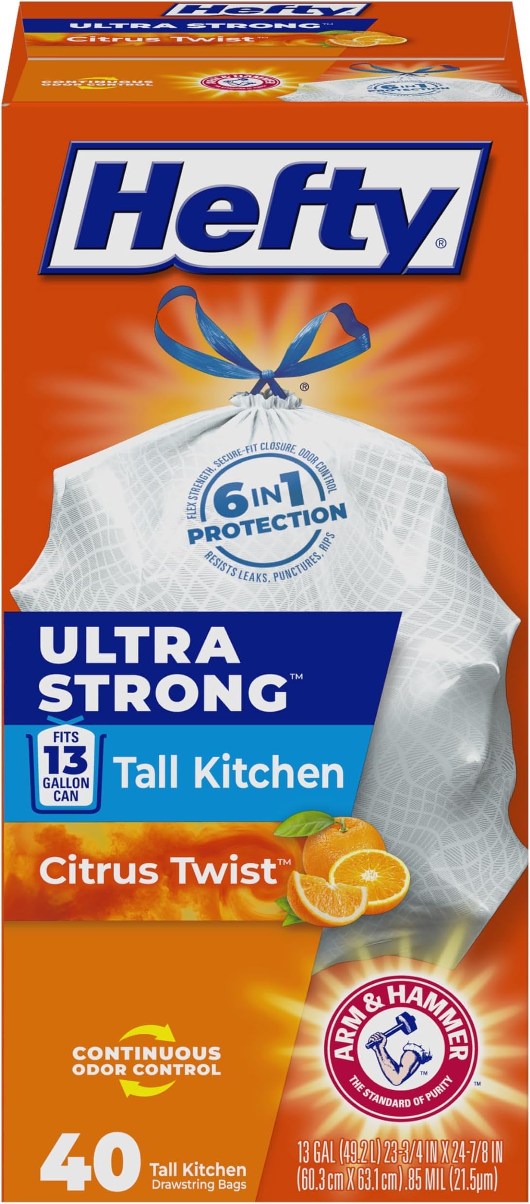 Hefty Ultra Strong Trash Bags 13 Gallon | Tall Kitchen | Drawstring Closure | Odor Control | Citrus Scent | 40 Bags, Pack of 6