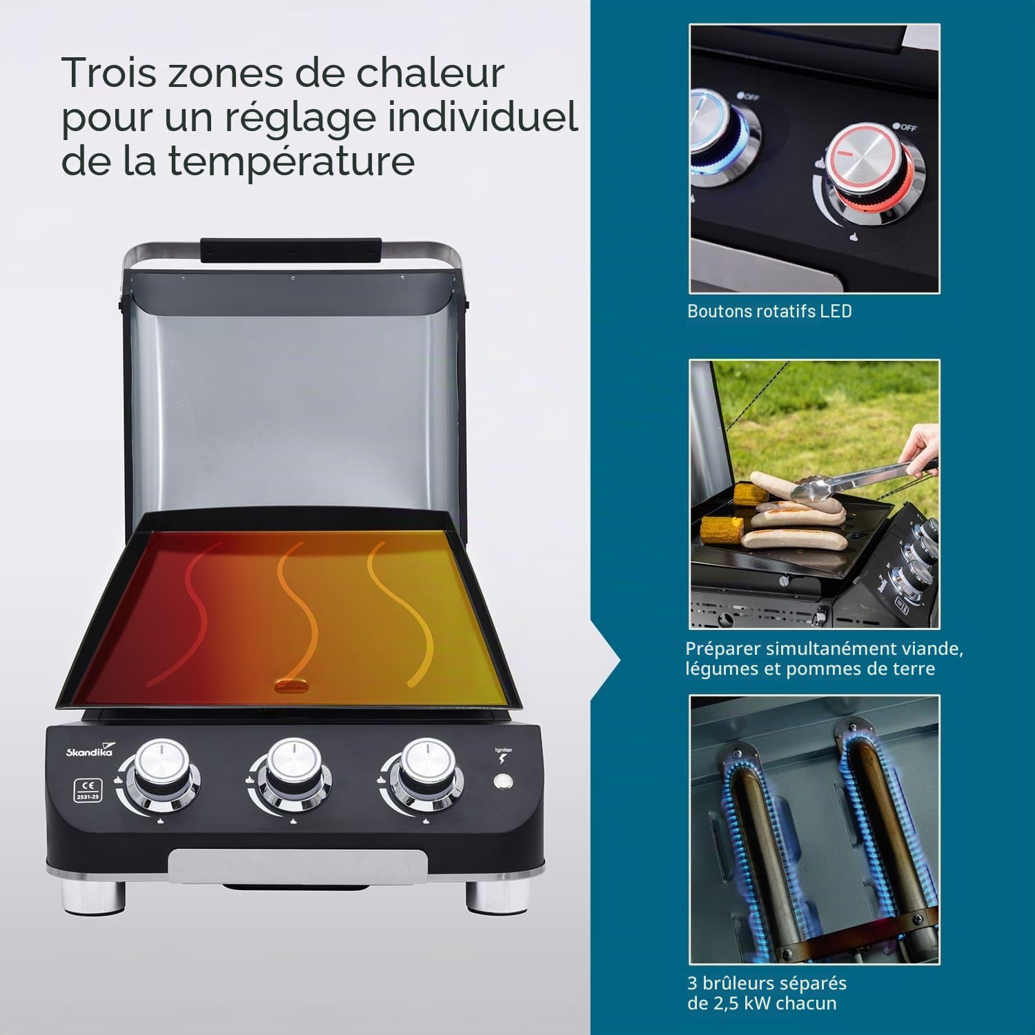 Skandika Plancha à gaz Palo | Plaque de cuisson à 3 brûleurs, égouttoir, barbecue à gaz transportable avec plaque plancha | Camping, bbq de table, jardin