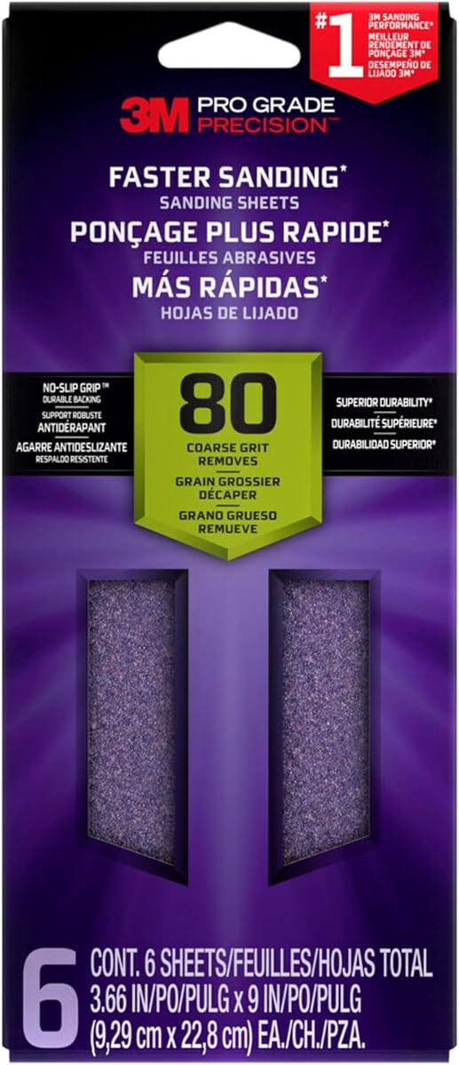 SHTR80-PGP-6T Pro Grade Precision Faster Sanding, Sanding Sheets, 80-Grit Coarse, 3-2/3" x 9", 6-Pack