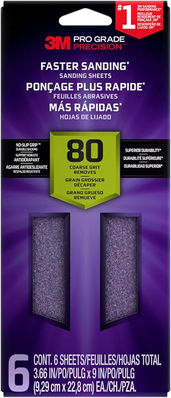 SHTR80-PGP-6T Pro Grade Precision Faster Sanding, Sanding Sheets, 80-Grit Coarse, 3-2/3" x 9", 6-Pack