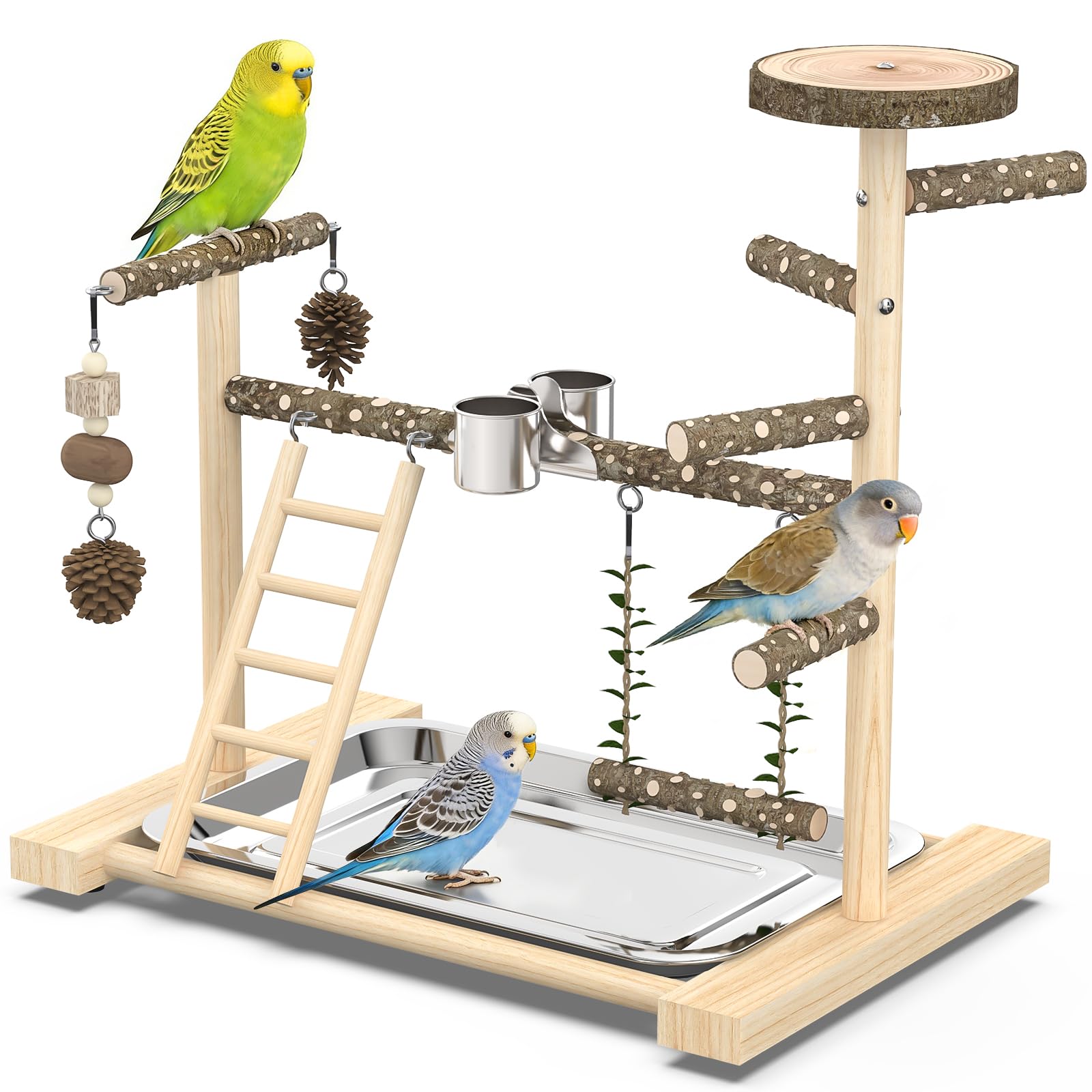 Vogelspielplatz, Naturholz, Vogelsitzstange, Sittich-Spielplatz mit Schaukel, Leiter und Futterbecher, Vogel-Spielständer für Nymphensittiche, Sittiche, Sittiche, Sittiche