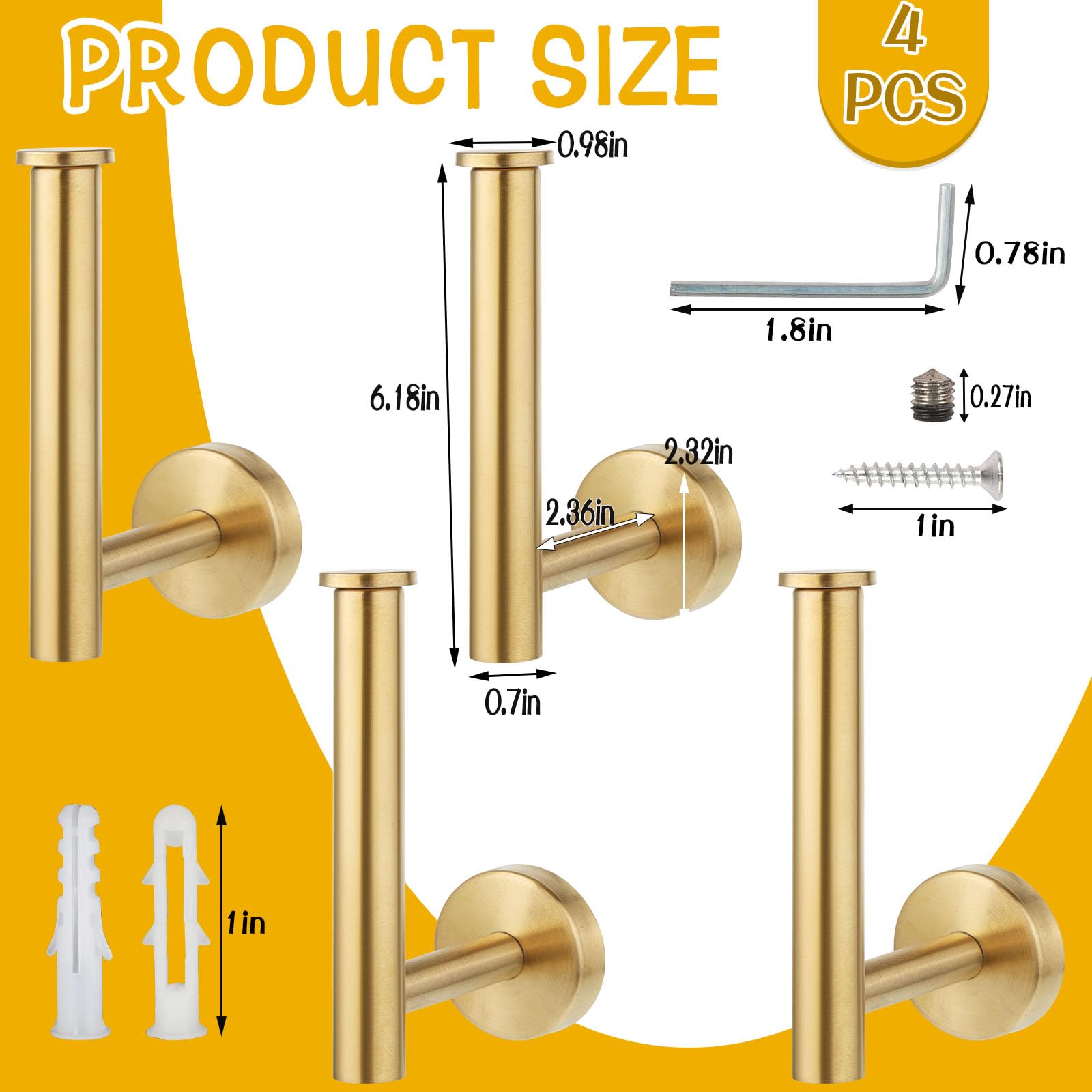 4 Pack Curtain Holdbacks, Metal Curtain Tiebacks, Screw Drilled Curtain Hooks, L-Shaped Curtain Hooks, Drilled Curtain Tiebacks for Home Office Decorative Curtains (Gold)