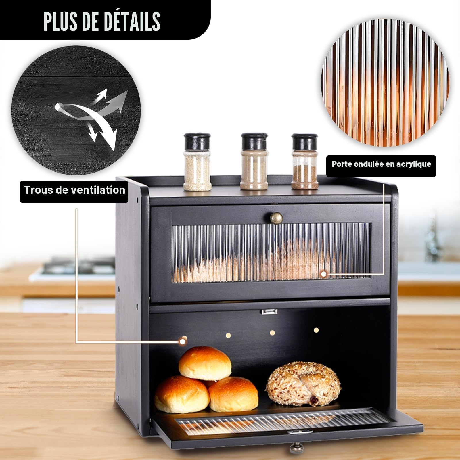 Huche à Pain Grandes BoîTes de Rangement Pour Pain En Bois Massif Double Boite a Pain BoîTe de Rangement Pour PâTisseries Avec Porte MagnéTique En Acrylique Huche à Pain (Noir)