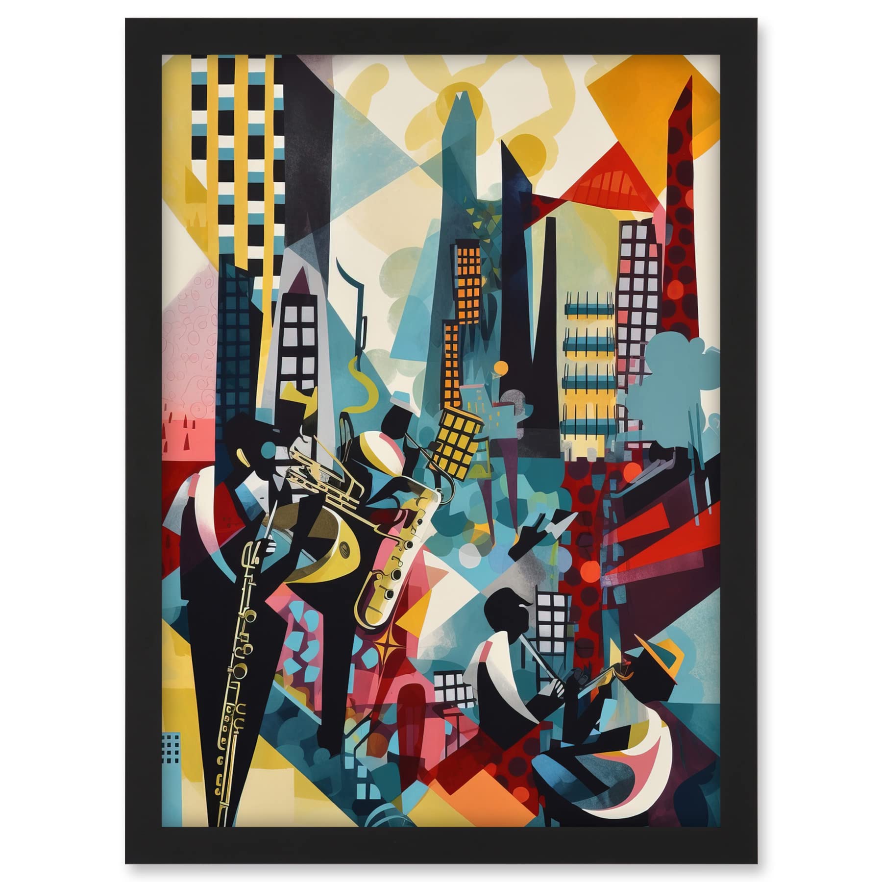Artery8 Jazz Musicians Playing on an Urban Landscape Rooftop Abstract Modern Watercolour Illustration Artwork Framed A3 Wall Art Print