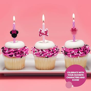 Disney's Minnie Mouse Birthday Cake Candles | 6 Birthday Candles for Cake Decorations, Pink Stripe Candles, Cake Toppers for Minnie Mouse Party