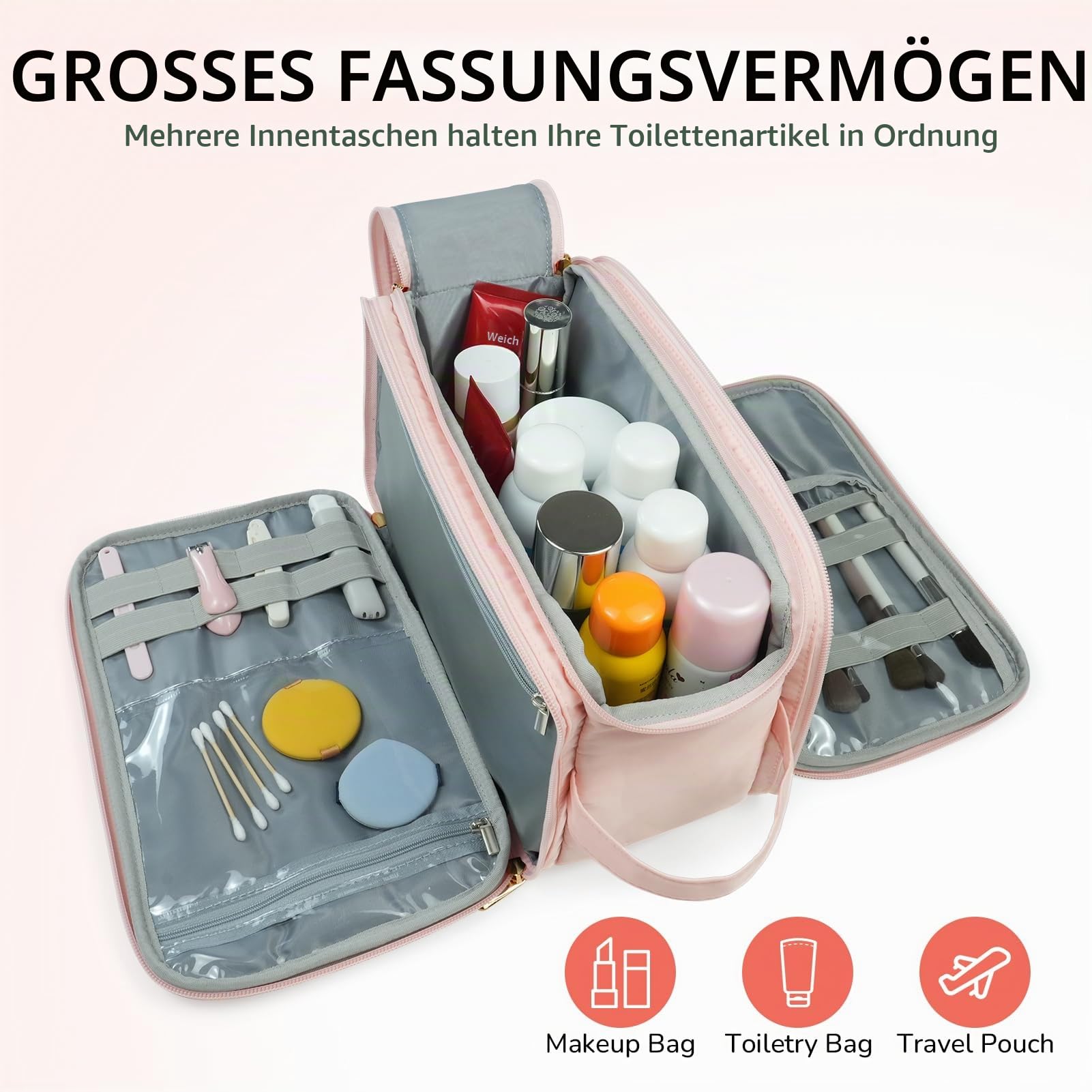 Gloppie Kulturbeutel Damen Kosmetiktasche XXL – Wasserdicht, Groß, Unisex, mit Innenfächern – für Reise, Bad & Alltag, Rosa