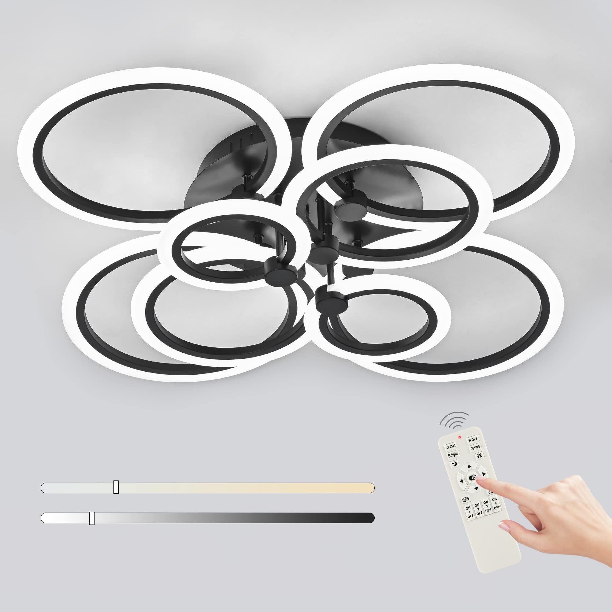 SJV8Rings LED Ceiling Light: Dimmable Modern Ceiling Lights Fixture 100W- Black LED Flush Mount Lighting Fixtures Chandeliers for Dining Living Room Bedroom Kitchen 3000K~6500K Change with Remote