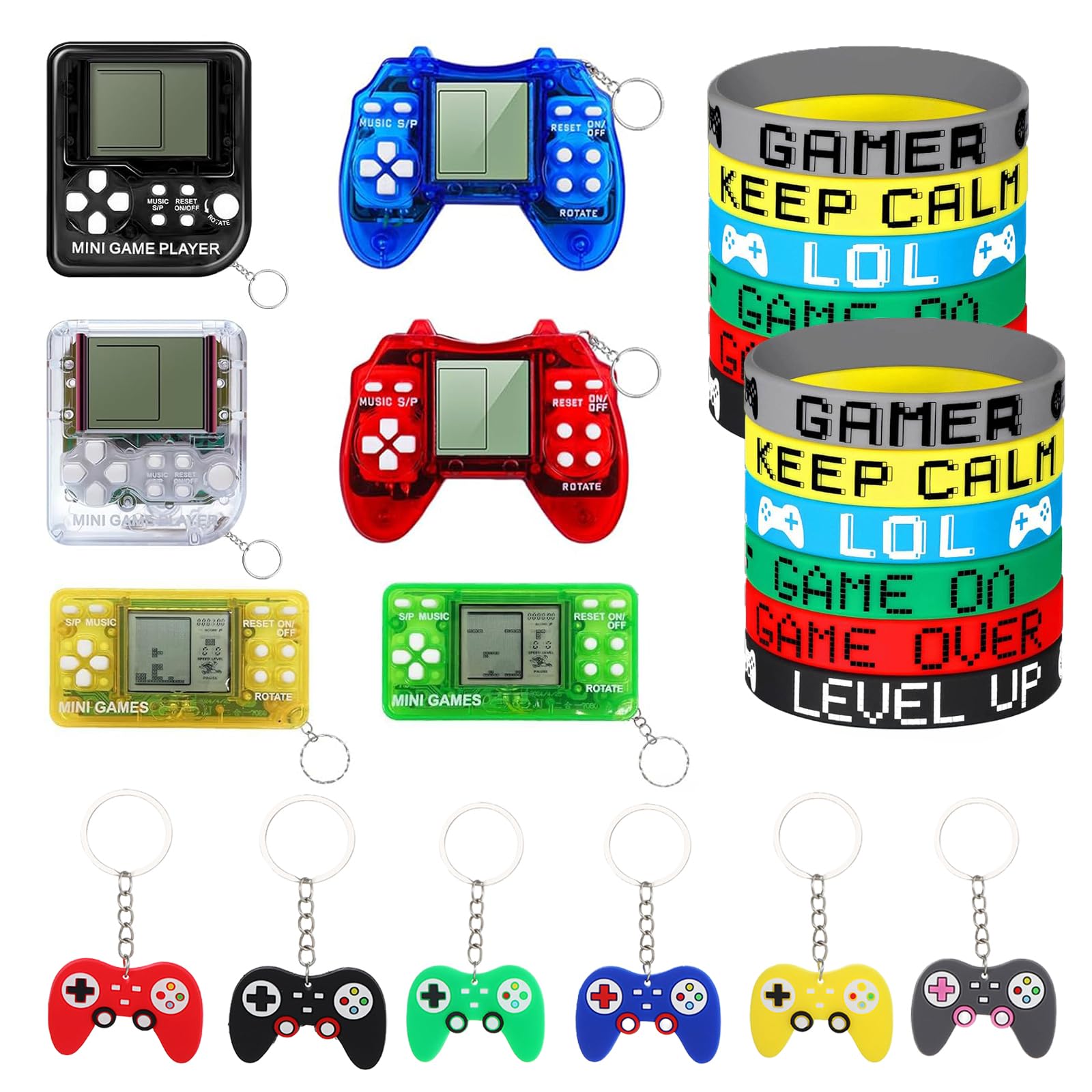 SimingZric Gaming Party Bag Fillers - 24Pcs Game Themed Set with Keychains & Silicone Wristbands, Gaming Party Bags Essential Supplies, Stylish Boys Party Bags