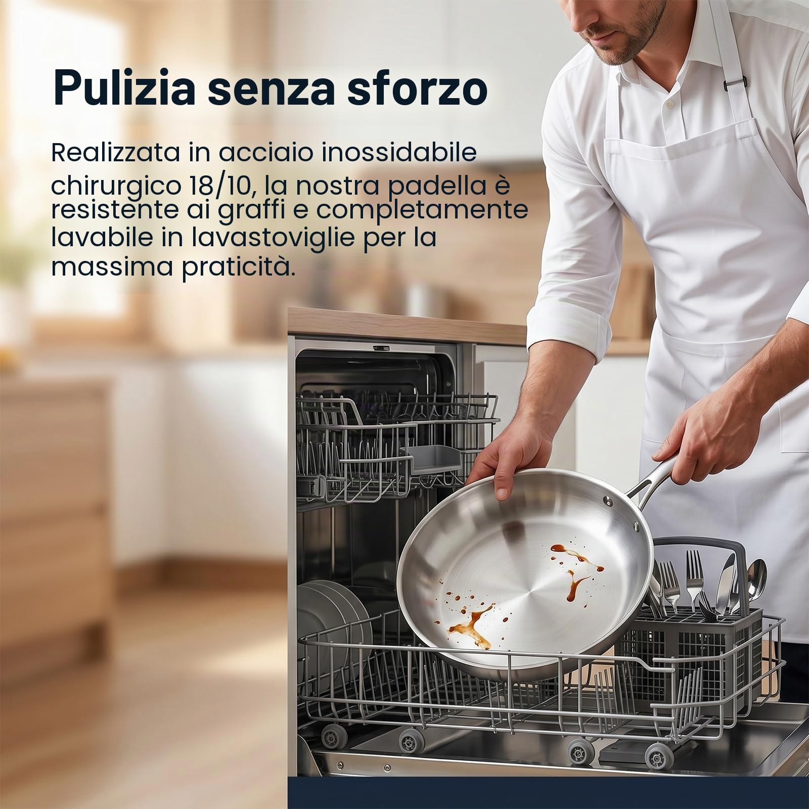 Padella in acciaio inox, 30 cm, a triplo strato, in acciaio inox, a induzione, universale, adatta per tutti i tipi di piatti, forno e lavastoviglie