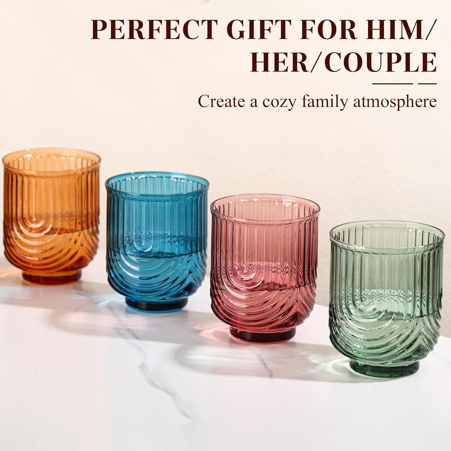 Colored Vintage Drinking Glasses Set of 6-15oz Hand-Blown Highball Ribbed Glassware, Arch Design Cocktail Glasses for Whiskey Water Beverages Ice Coffee Juice Milk - Image 7