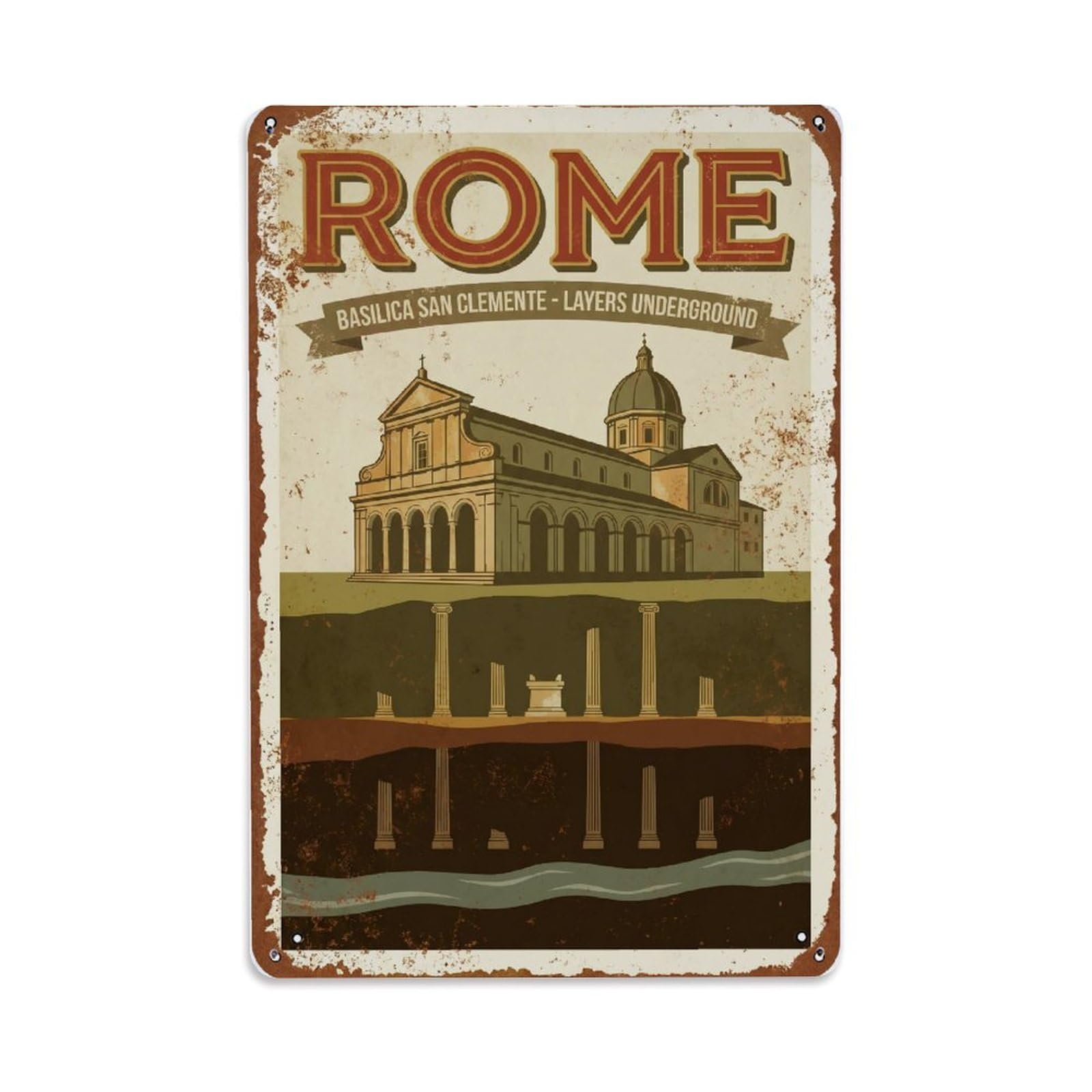 Vintage Travel Rome Basilica San Clemente Underground Layers Rusted Italy Metal Tin Sign Plaque Wall Decor for Cafe, Club Bar, Office, Home Garden Metal Poster 8x12Inch