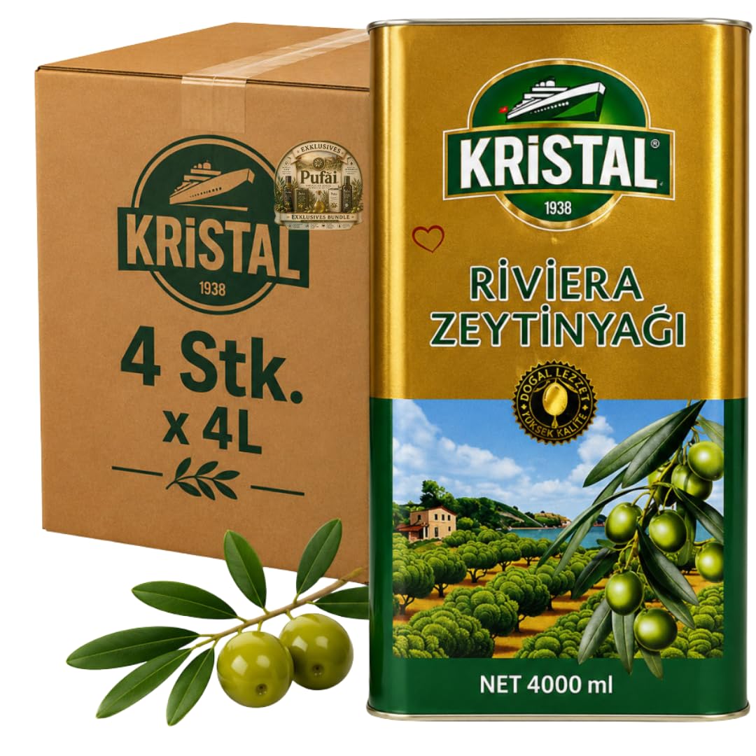 PUFAI Bundle – Kristal Olivenöl Riviera – Vielseitiges Speiseöl für Kochen & Braten, 4L, 4 Stück