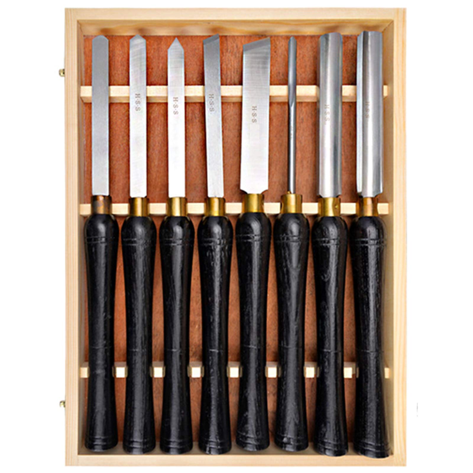 Ensemble de ciseaux de tour à bois HSS: un ensemble de 8pièces d'outils de tournage du bois avec des manches en bois dur, fabriqués en acier rapide avec des viroles en laiton et accompagnés d'une cais