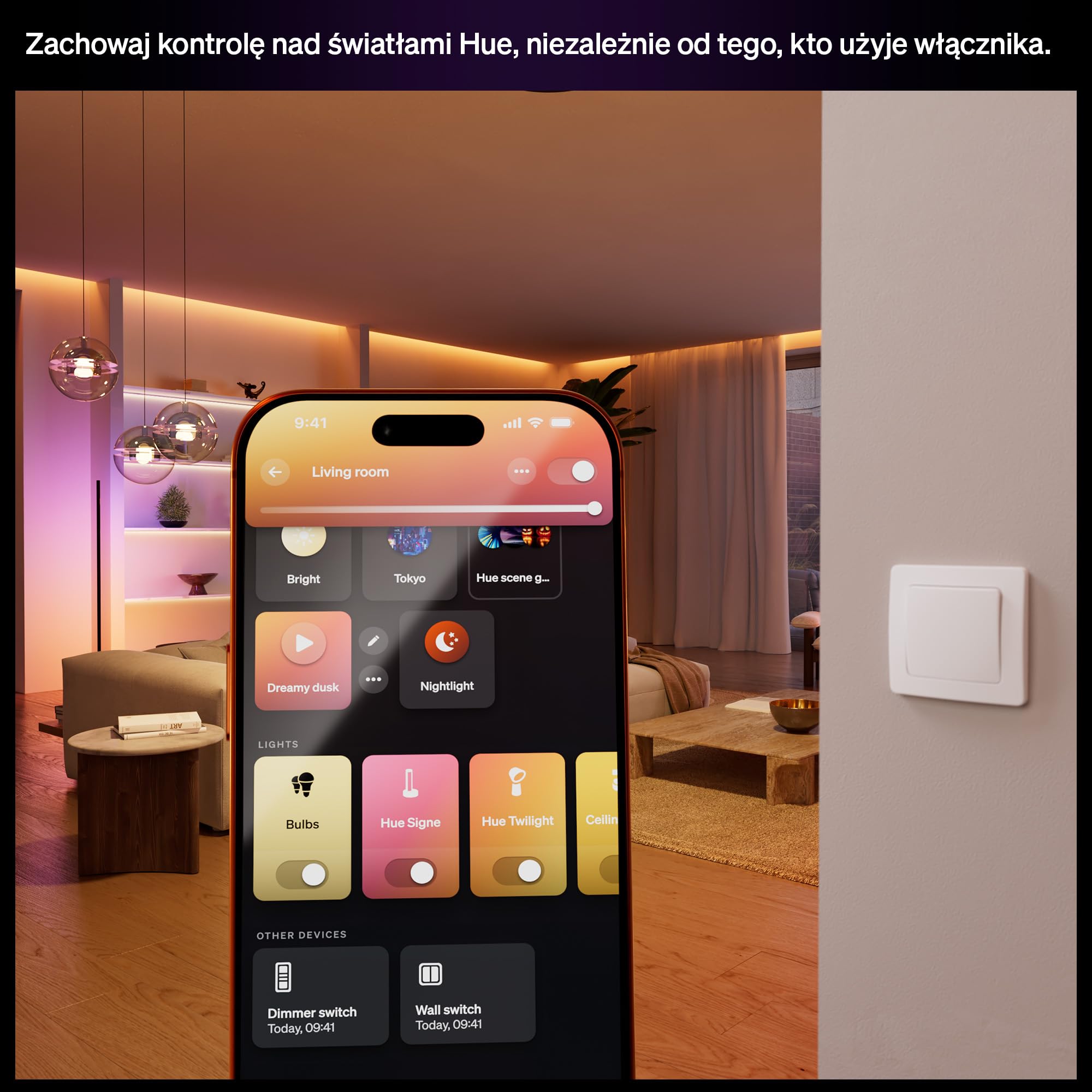 Philips Hue Przewodowy Włącznik Światła, 1 szt., Dostęp do Świateł Hue, Konfigurowalne Sterowanie, Bez Baterii, Niezawodne Połączenie, Aplikacja, Kontrola Głosowa, Apple Home, Google Home, Alexa