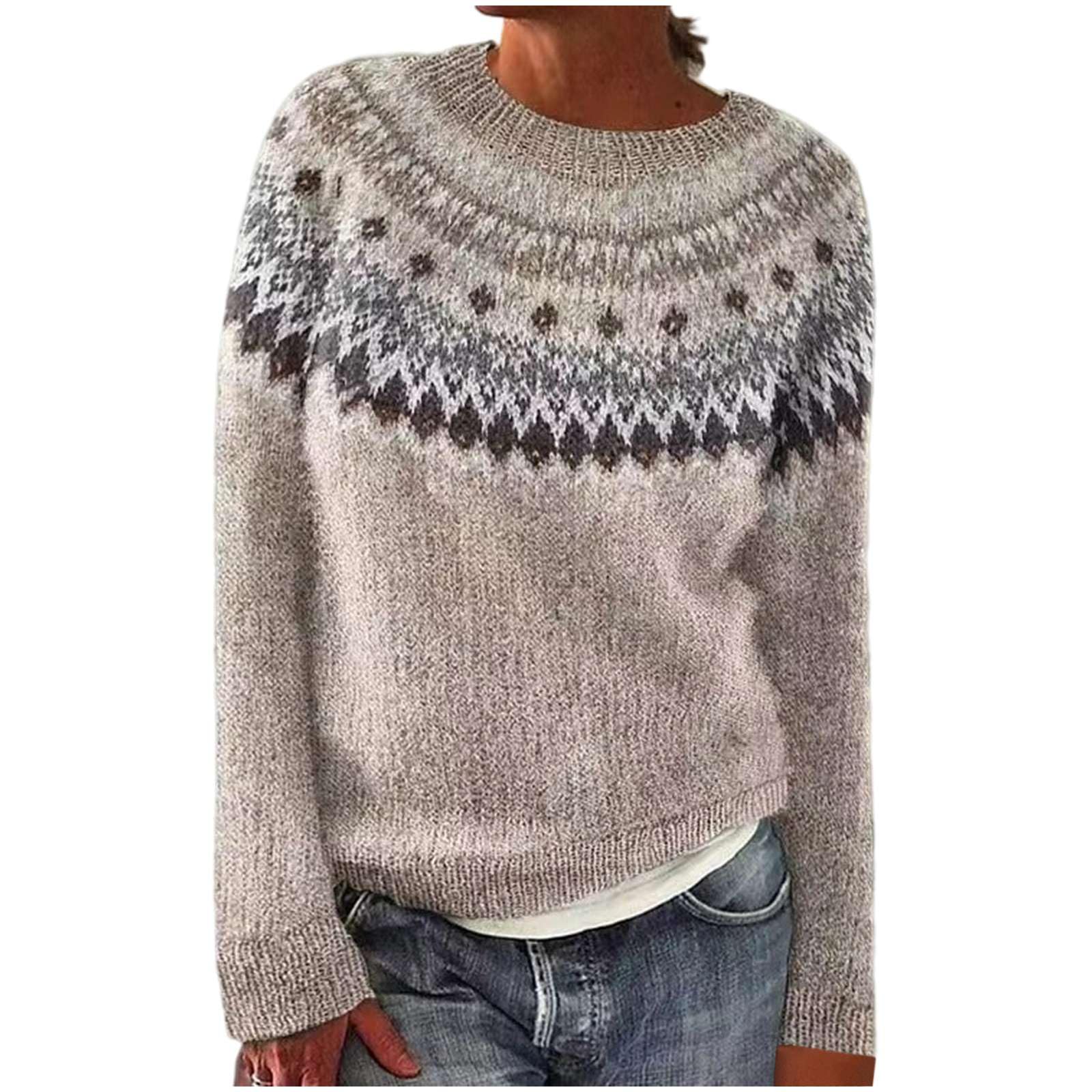 Womens Holiday Fair Isle Sweater Oversized Knitted Long Sleeve Pullover Vintage Casual Tops for Women Fall Winter