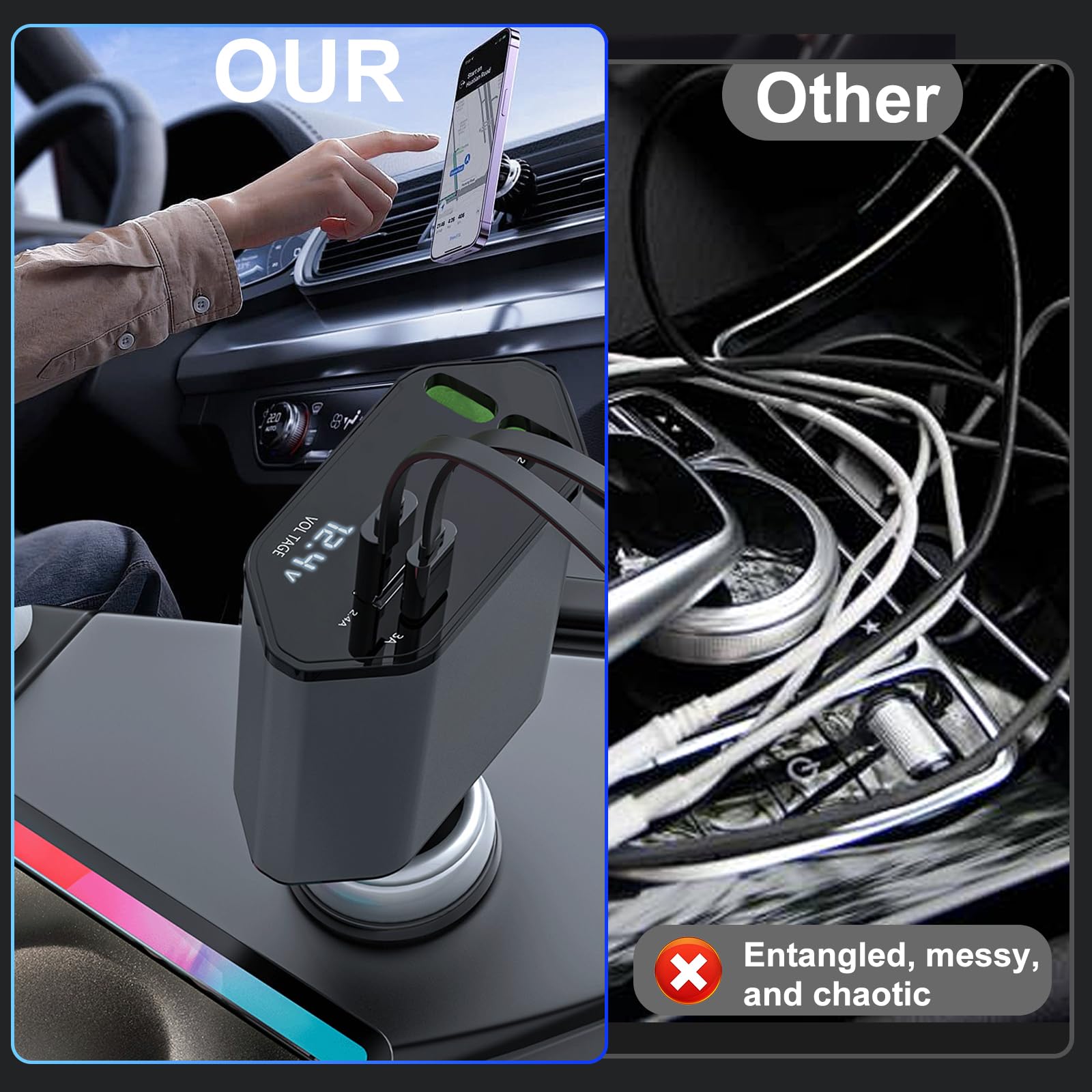 Wysuwana ładowarka samochodowa z 2 wbudowanymi kablami (USB-C/Lightning) i portami USB-C i USB, akcesoria samochodowe dla kobiet i mężczyzn - PD/QC3.0 szybkie ładowanie do iPhone'a 16/15, Samsung